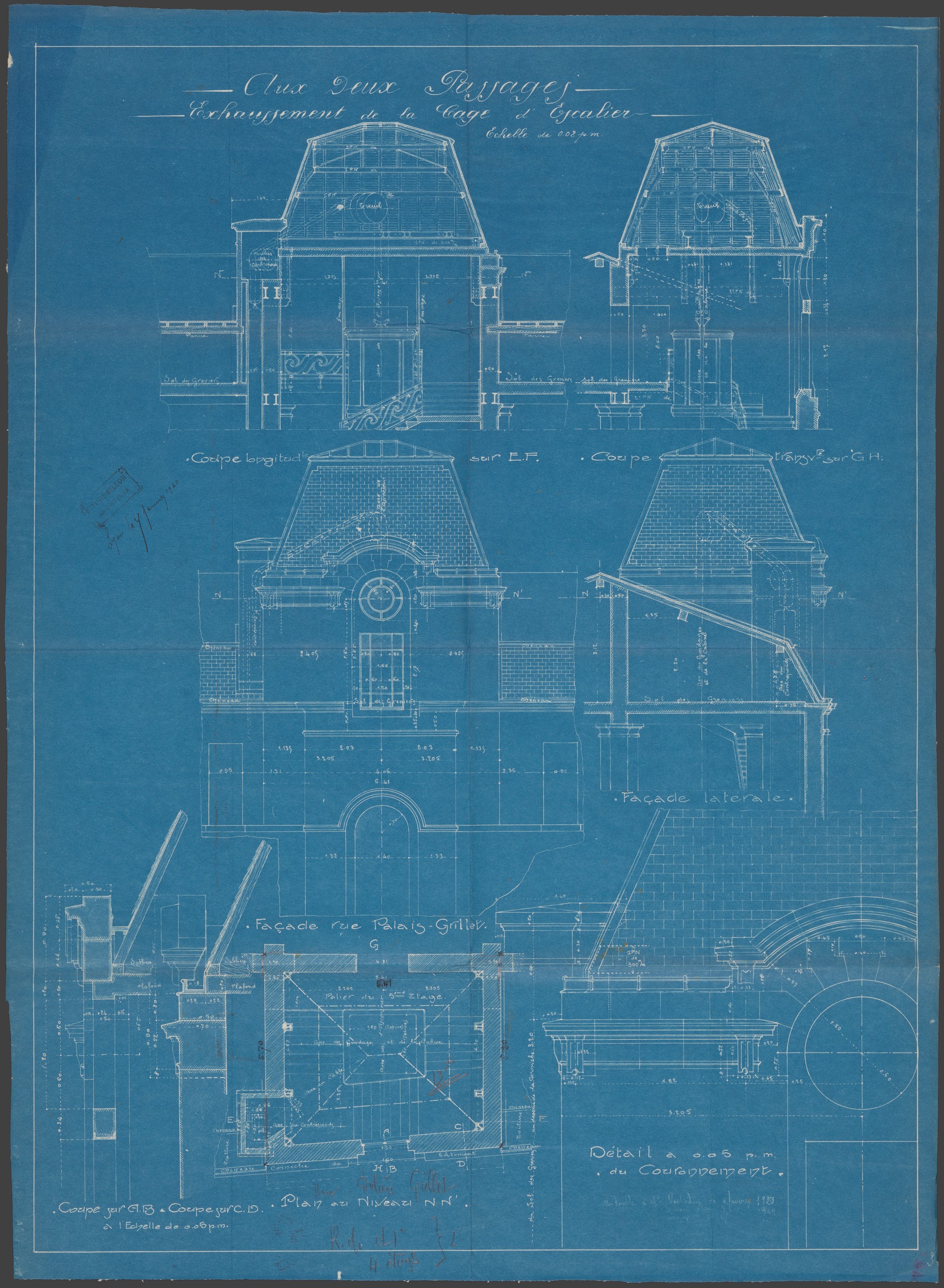 Coupe du bâtiment Aux Deux Passages rue de la République pour relever la cage d'escalier, bleu d'architecte par Emile Thoubillon (1920, cote : 314WP/139 dossier 49)