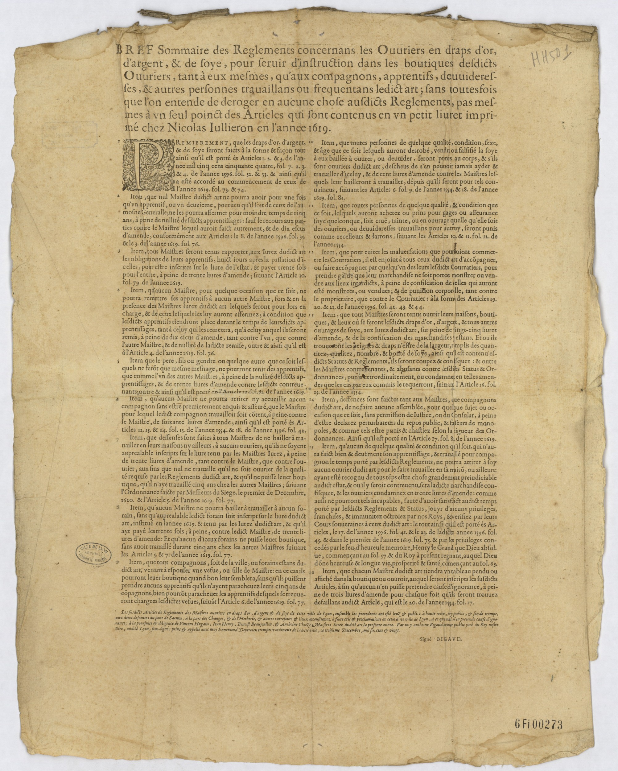 Bref sommaire des règlements concernant les ouvriers en draps d’or, d’argent et de soie (1620, cote : 6FI/273)