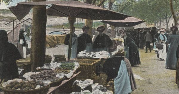 Lyon - Marché, quai des Célestins : carte postale colorisée (vers 1910, cote : 4FI/4086)