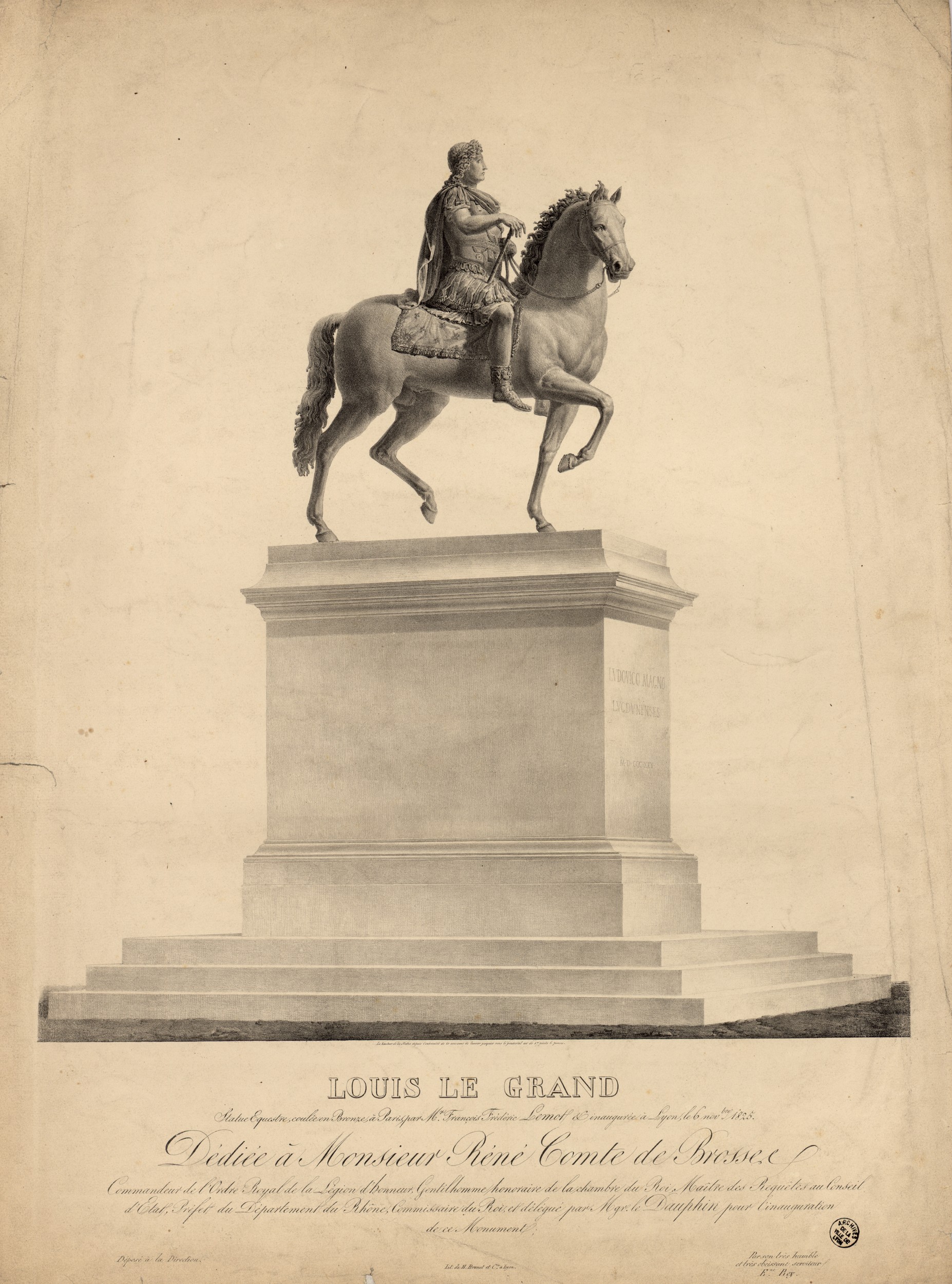 Statue de Louis XIV par Lemot inaugurée en 1825 : lithographie NB par Brunet et Cie (1825, cote : 16FI/91)