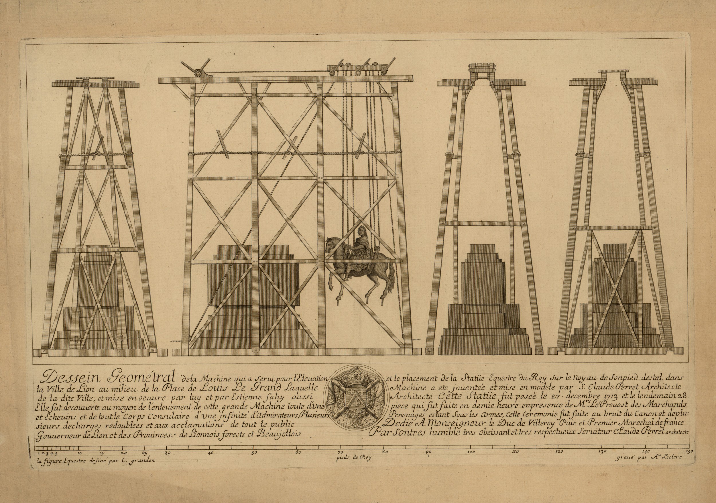 Machinerie pour élever la statue de Louis XIV place Bellecour : estampe NB de Perret, Grandon et Leclerc (1713, cote : 16FI/162) 