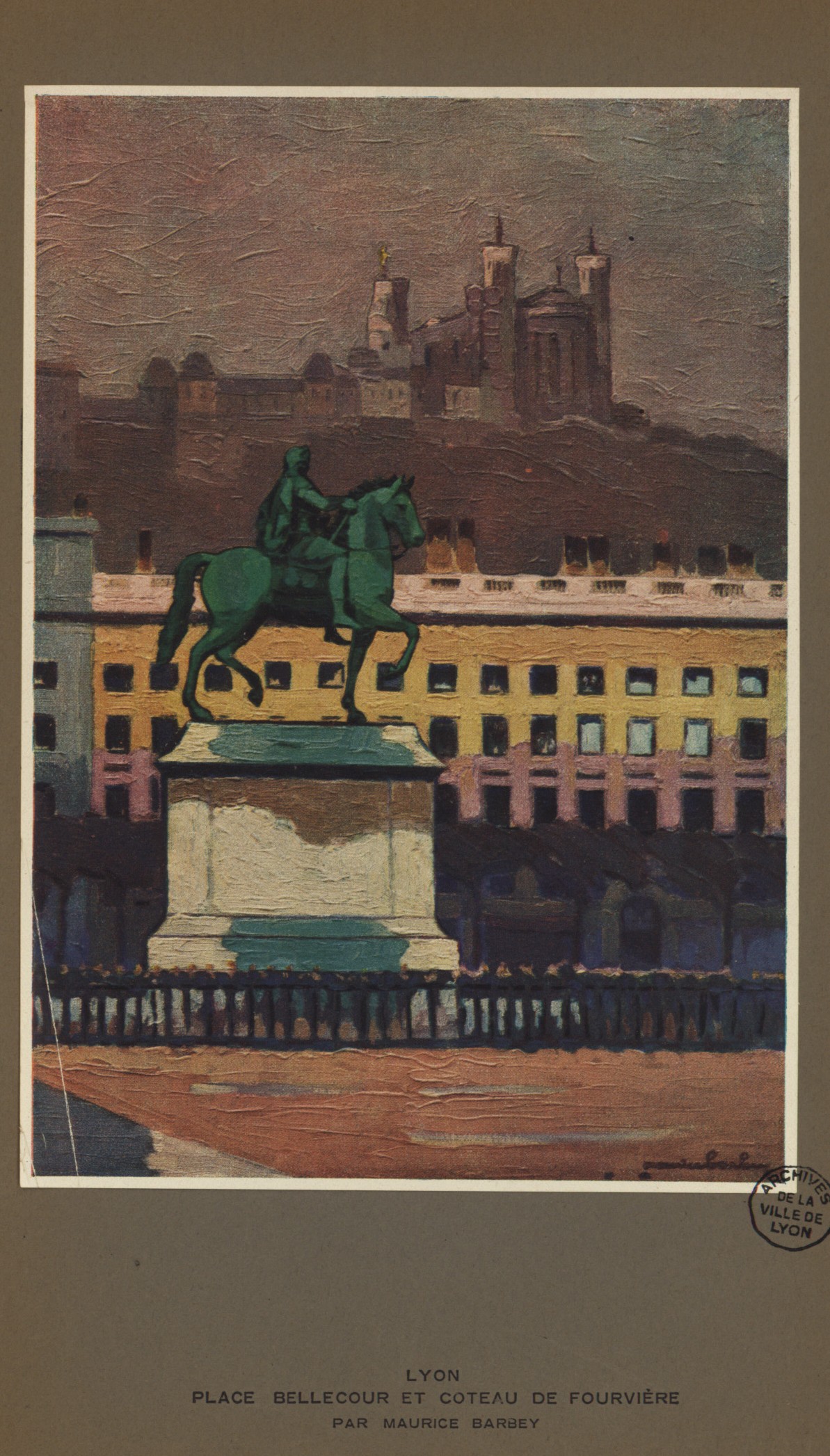 Lyon, place Bellecour et coteau de Fourvière : reproduction d'une peinture par Maurice Barbey (sans date, cote : 16FI/515)