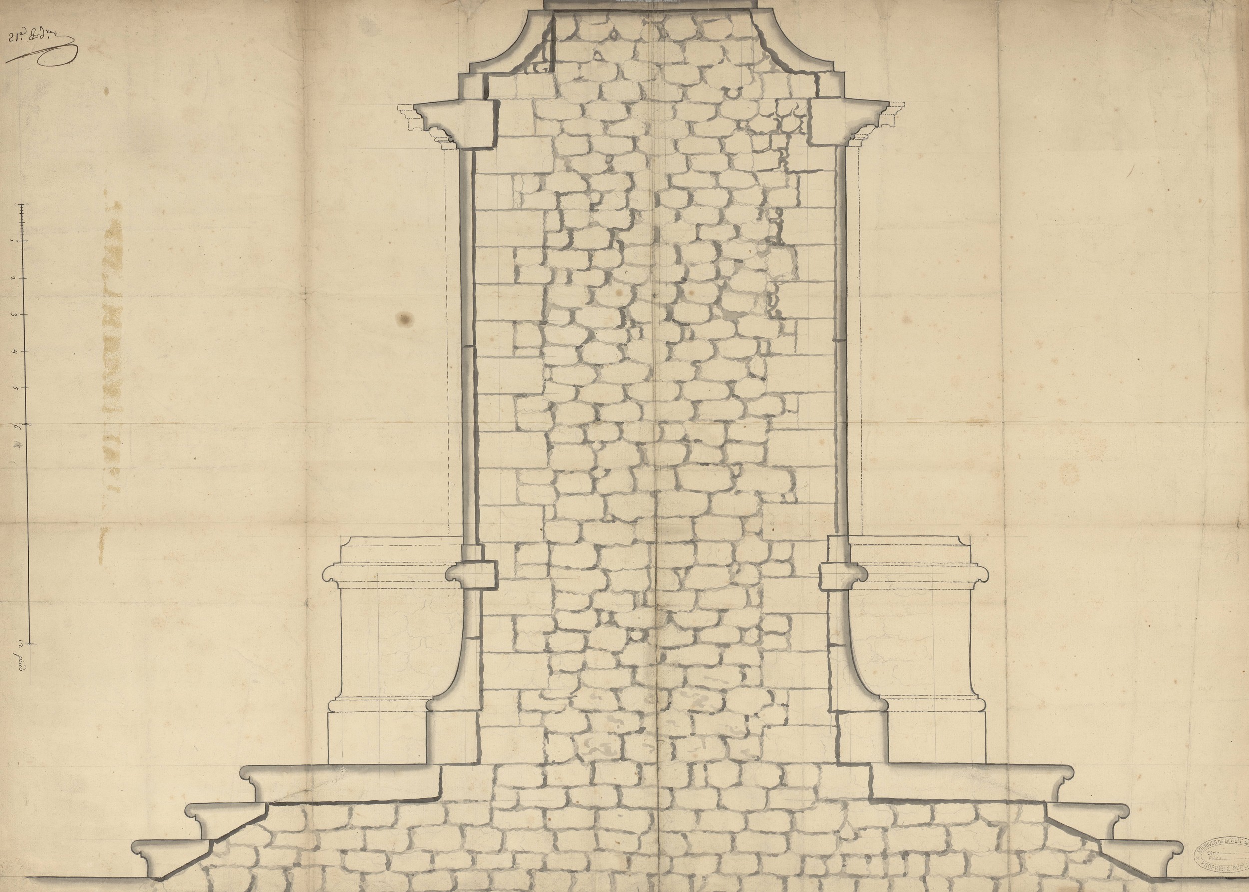 Piédestal de la statue de Louis XIV, profil : dessin NB par Robert de Cotte (4/08/1713, cote : 2S/5)