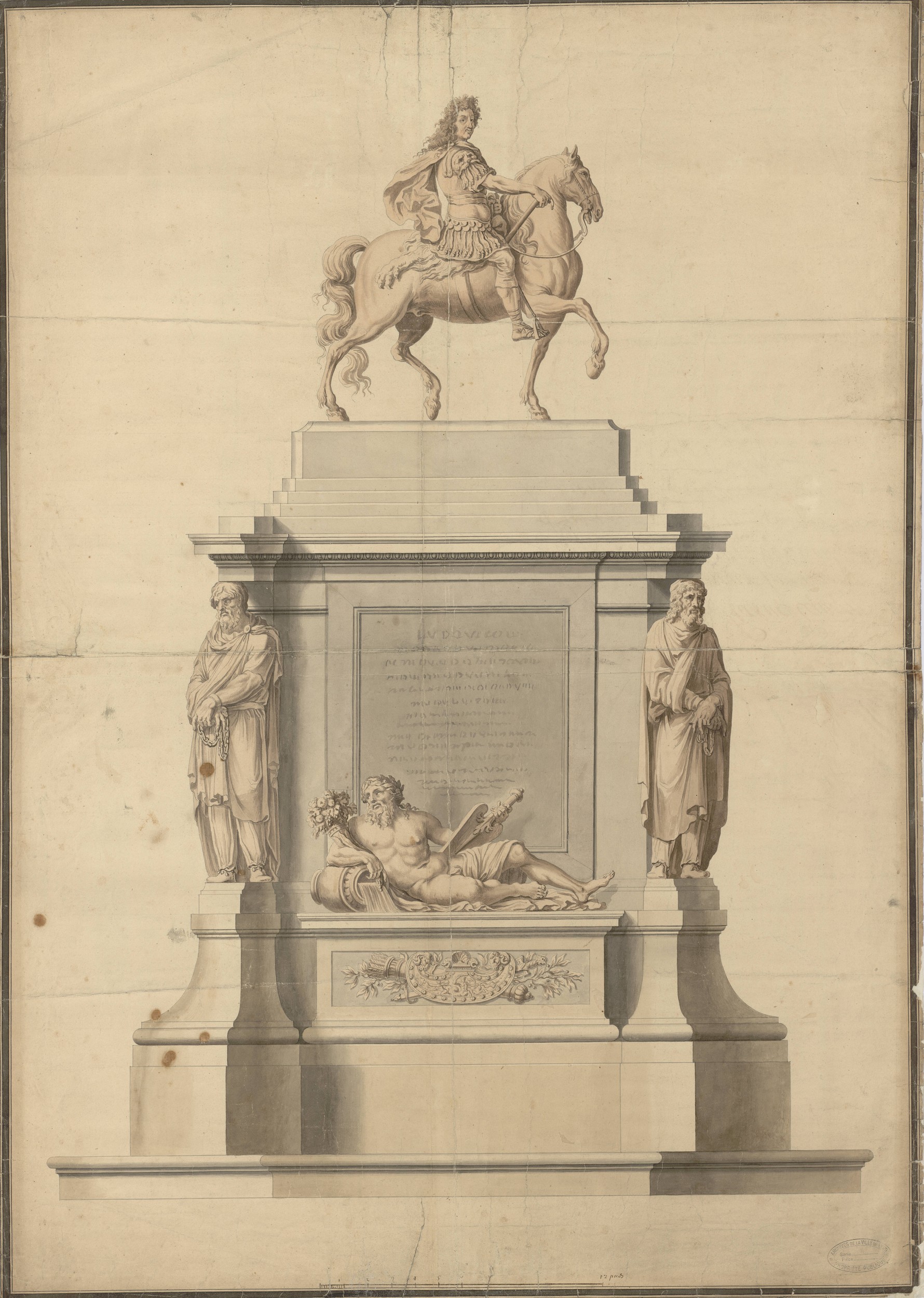 Projet de statue de Louis XIV pour la place Bellecour : dessin couleur (1700, cote : 2S/6)