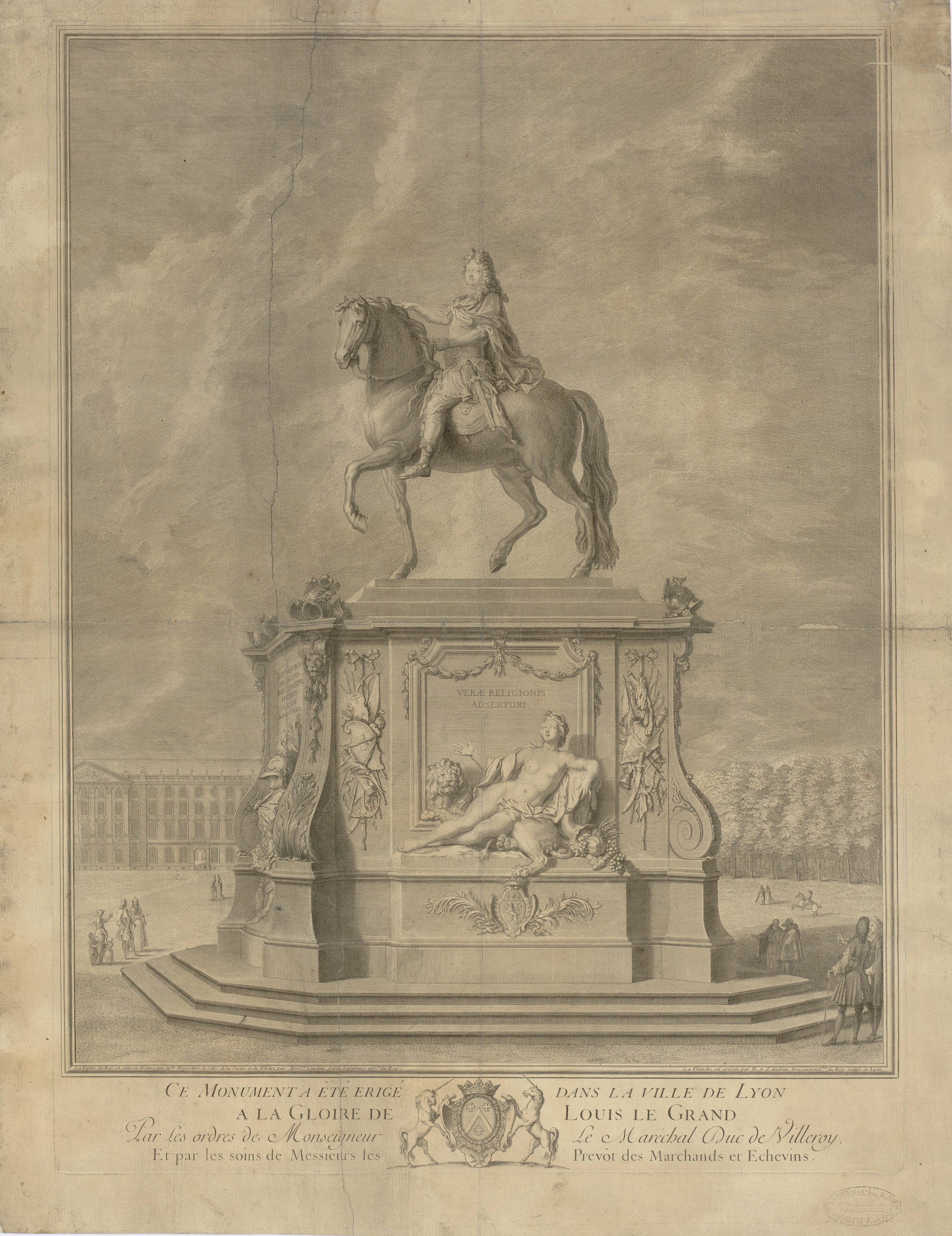 Statue de Louis XIV place Bellecour : gravure NB par Audran (1713, cote : 2S/8)