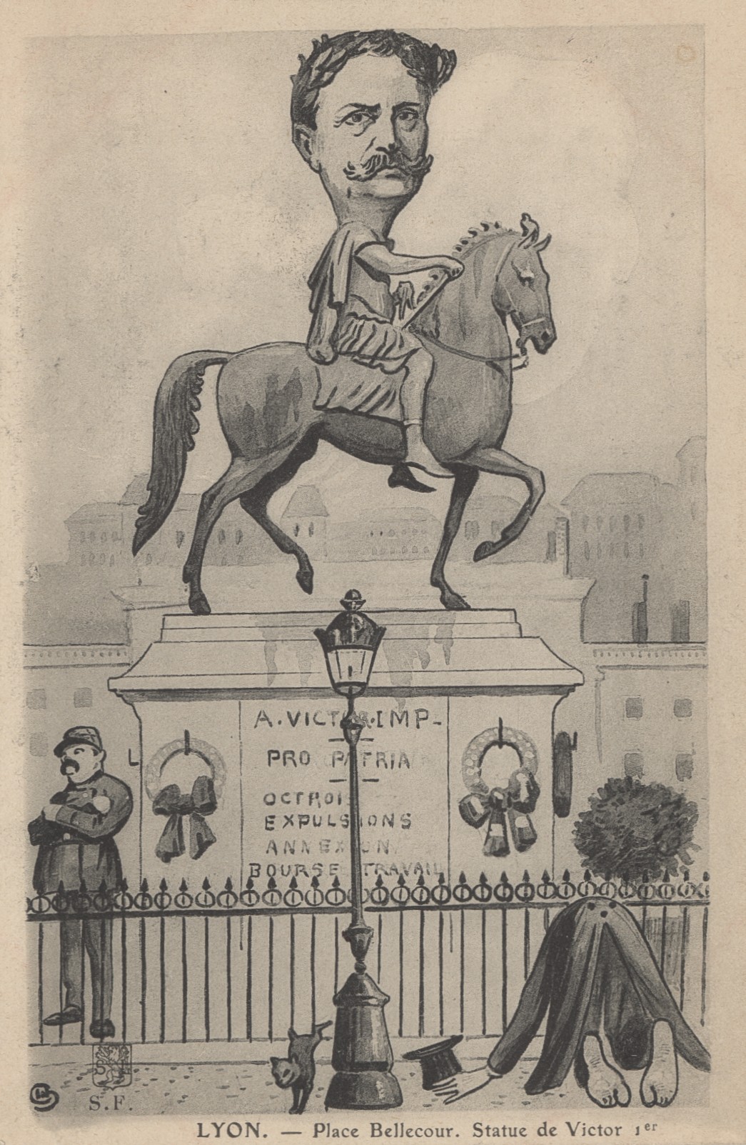 Lyon - Place Bellecour. Statue de Victor 1er [Augagneur] : carte postale NB (vers 1905, cote : 4FI/5120)