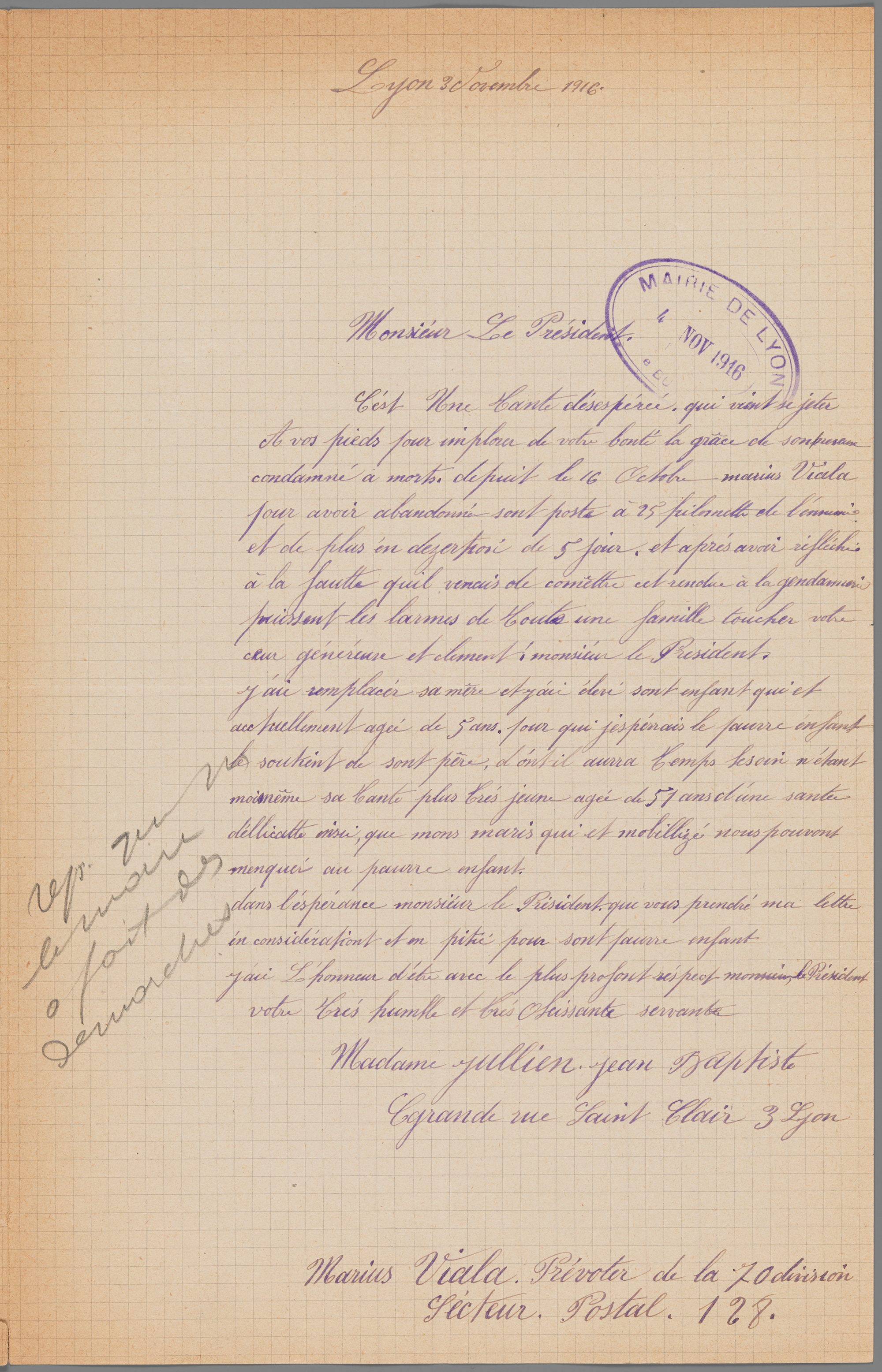 Lettre de Madame Jullien à M. Herriot, Maire de Lyon, 3 novembre 1916 - 1206wp/7