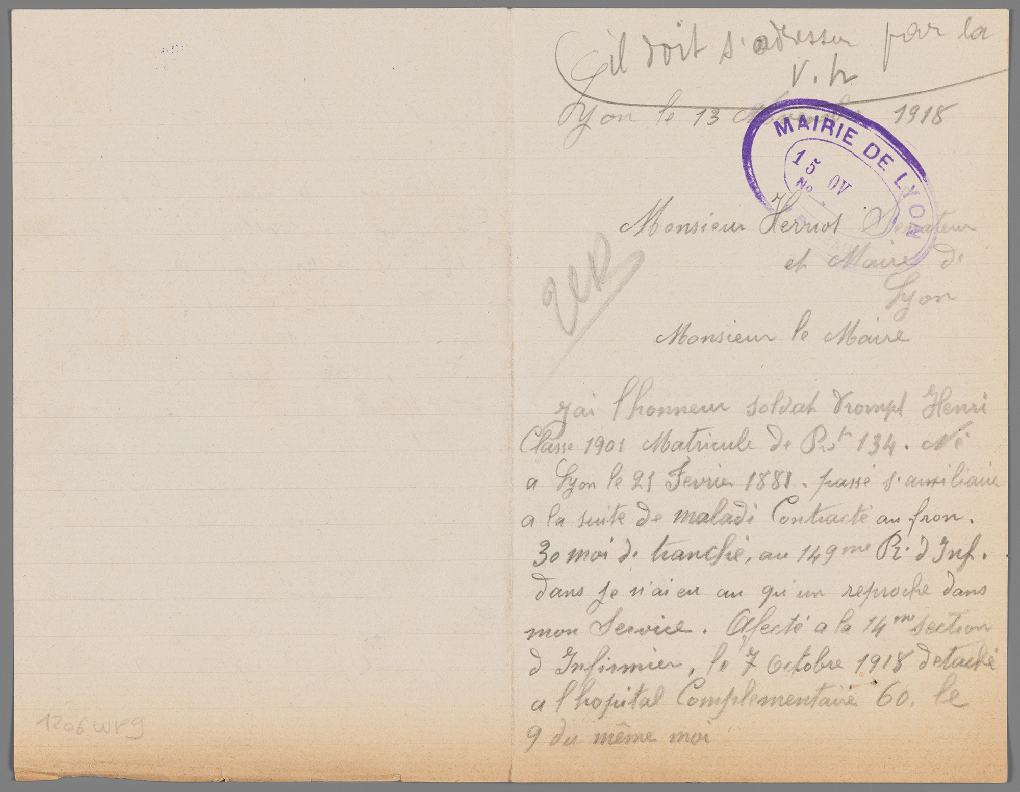 Lettre de Henri Drompt à M. Herriot, Maire de Lyon, 13 novembre 1918 - 1206wp/9