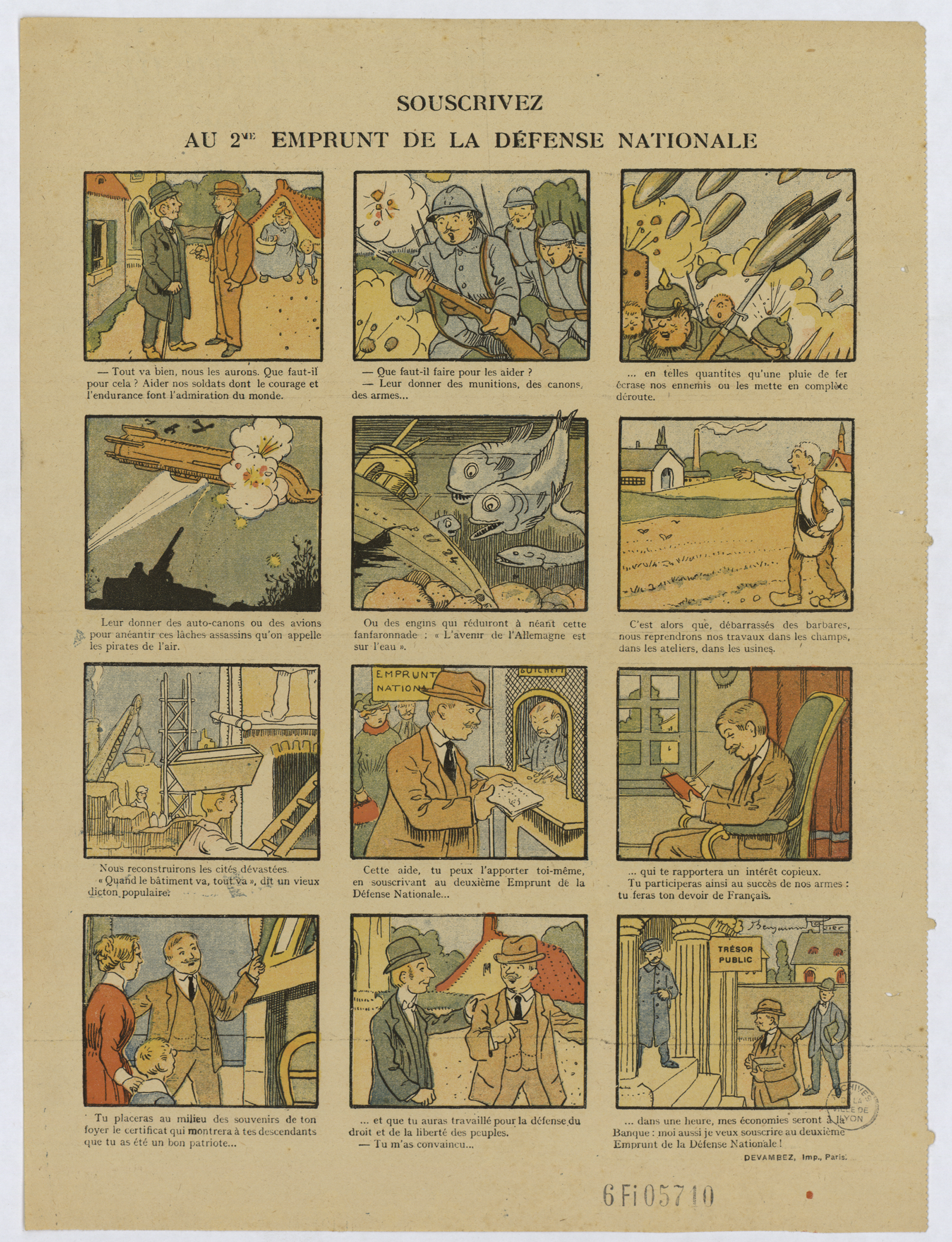 Planche de BD relative au 2ème emprunt national, 1916 "Souscrivez au 2ème emprunt de la défense nationale" - 6fI/5710