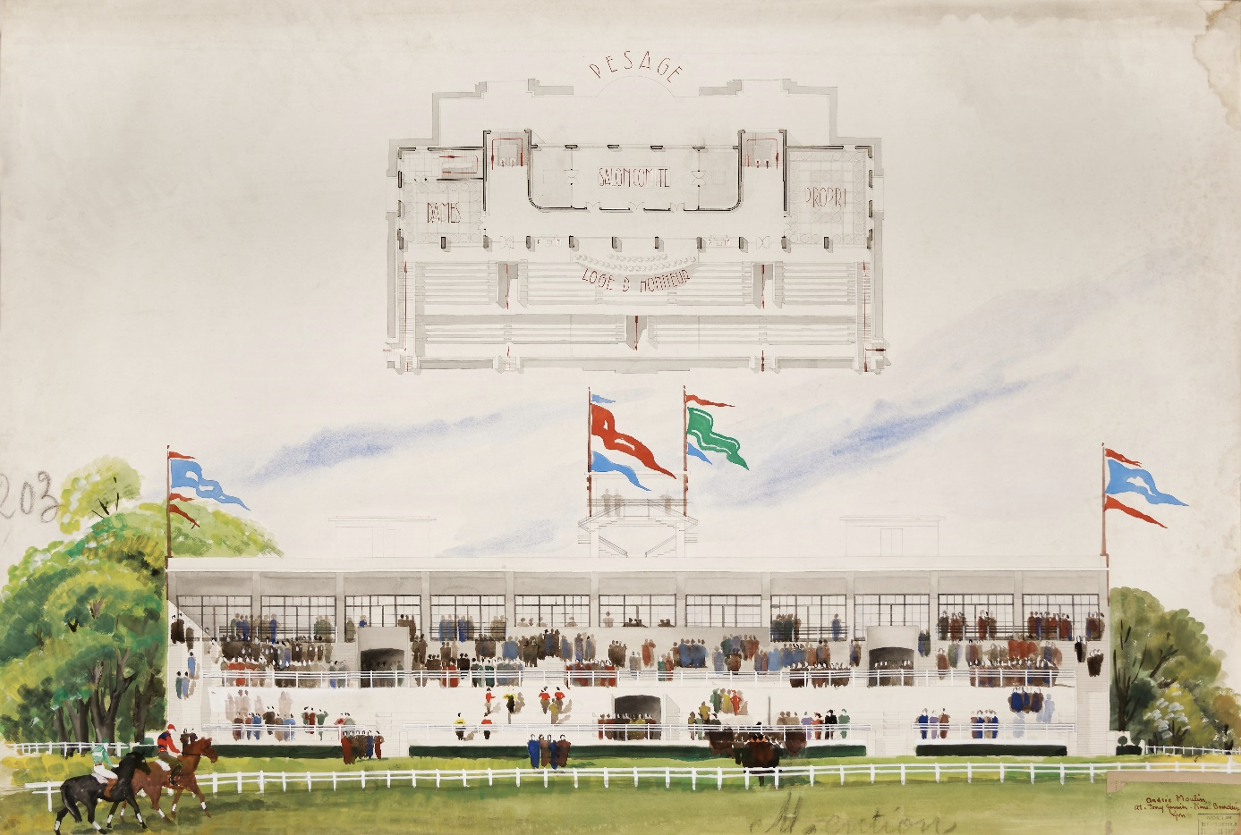 Hippodrome : dessin aquarellé d'Andrée Moulin (entre 1934 et 1939, cote 68FI/48).