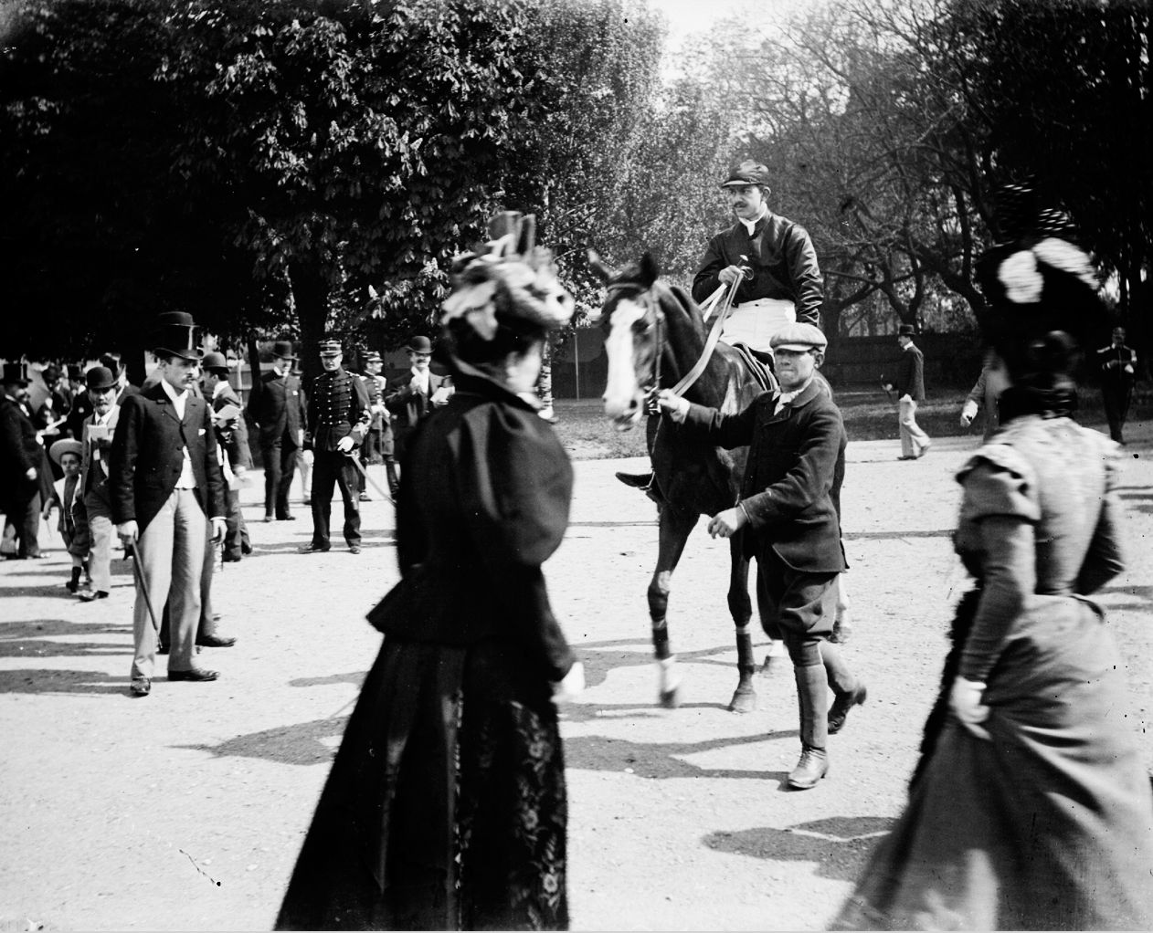 Courses de chevaux à Lyon - Jockey et sa monture, circulant au milieu des spectateurs : photographie négative NB sur verre (1898, cote 10PH/77)