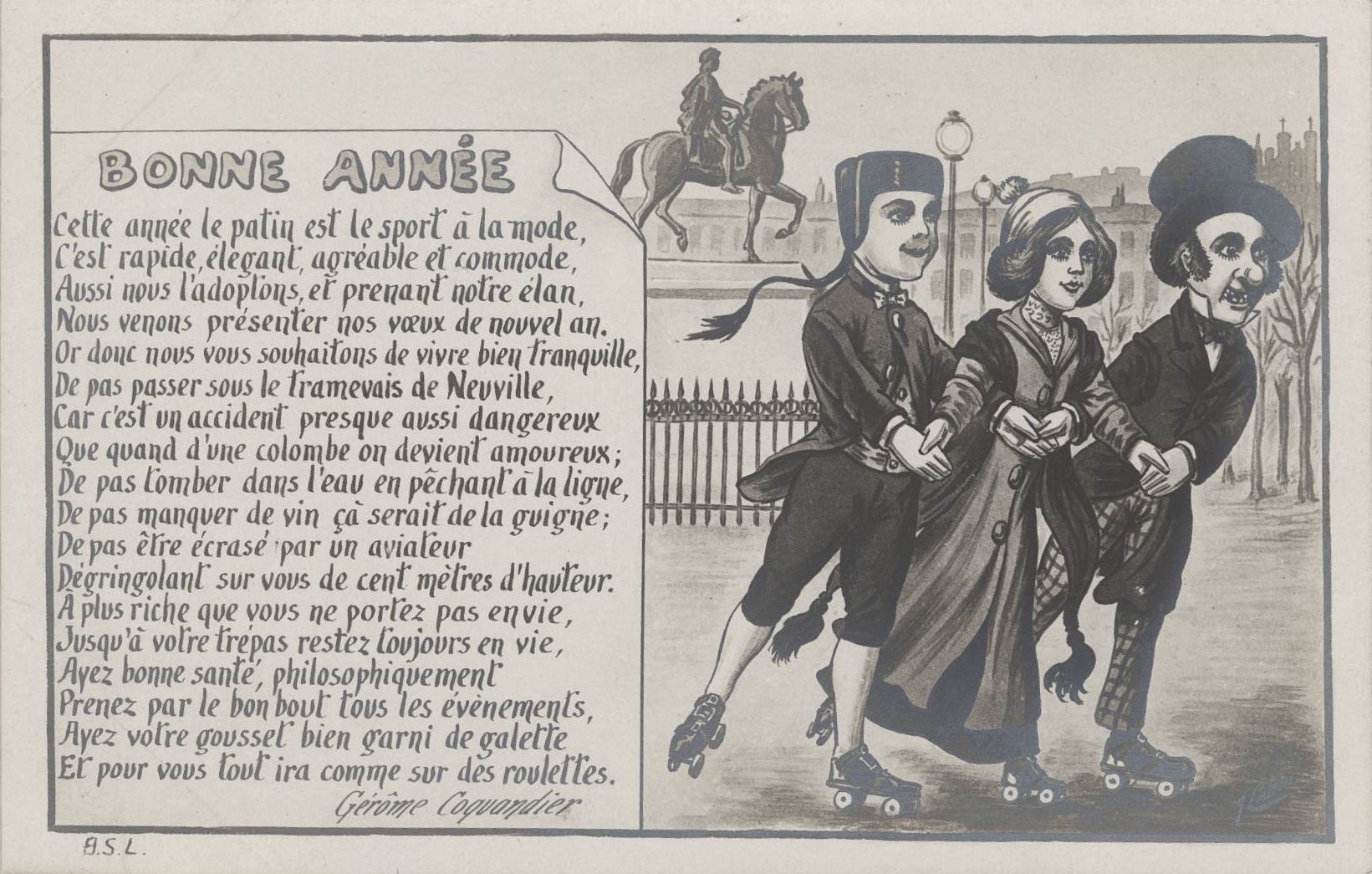 Guignol - "Bonne Année", patinage : carte postale NB (vers 1910, cote 4FI_5206)