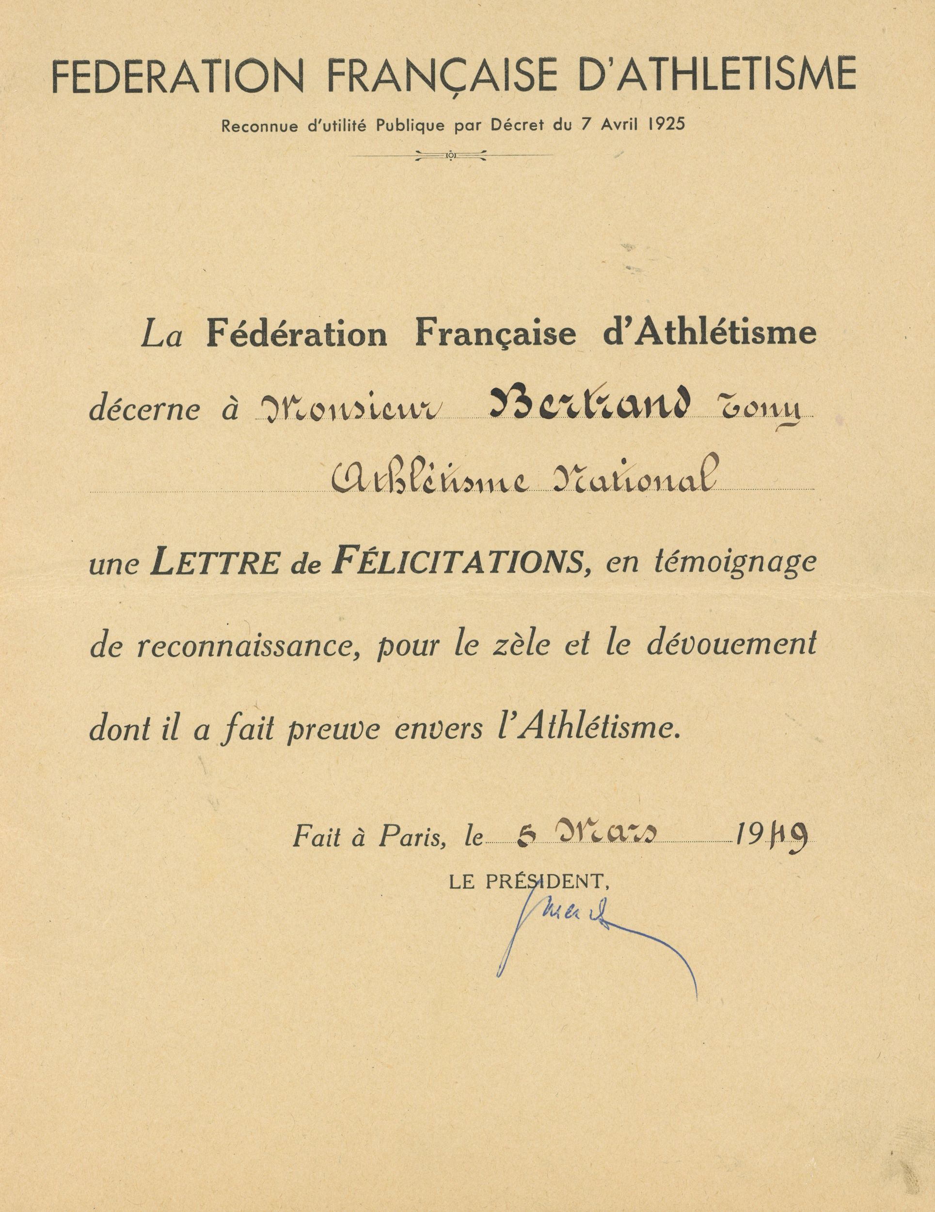 Fédération française d'athlétisme - Lettre de félicitations à Tony Bertrand, 5 mars 1949 : lettre de félicitations (1949, cote 362II/4