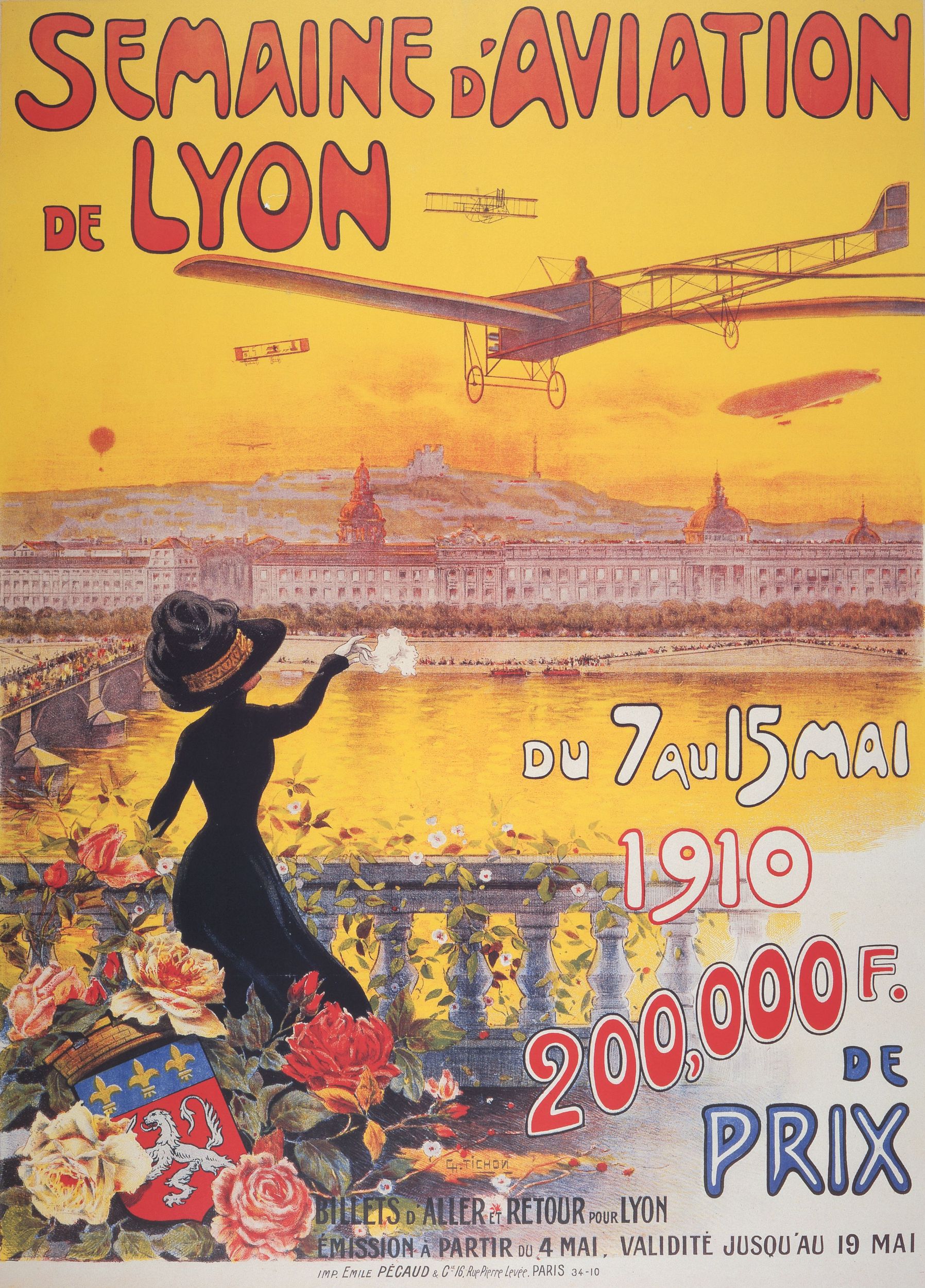 Semaine d'aviation de Lyon du 7 au 15 mai 1910. 200.000 f. de prix : affiche couleur très grand format (1910, cote 7FI/2136)