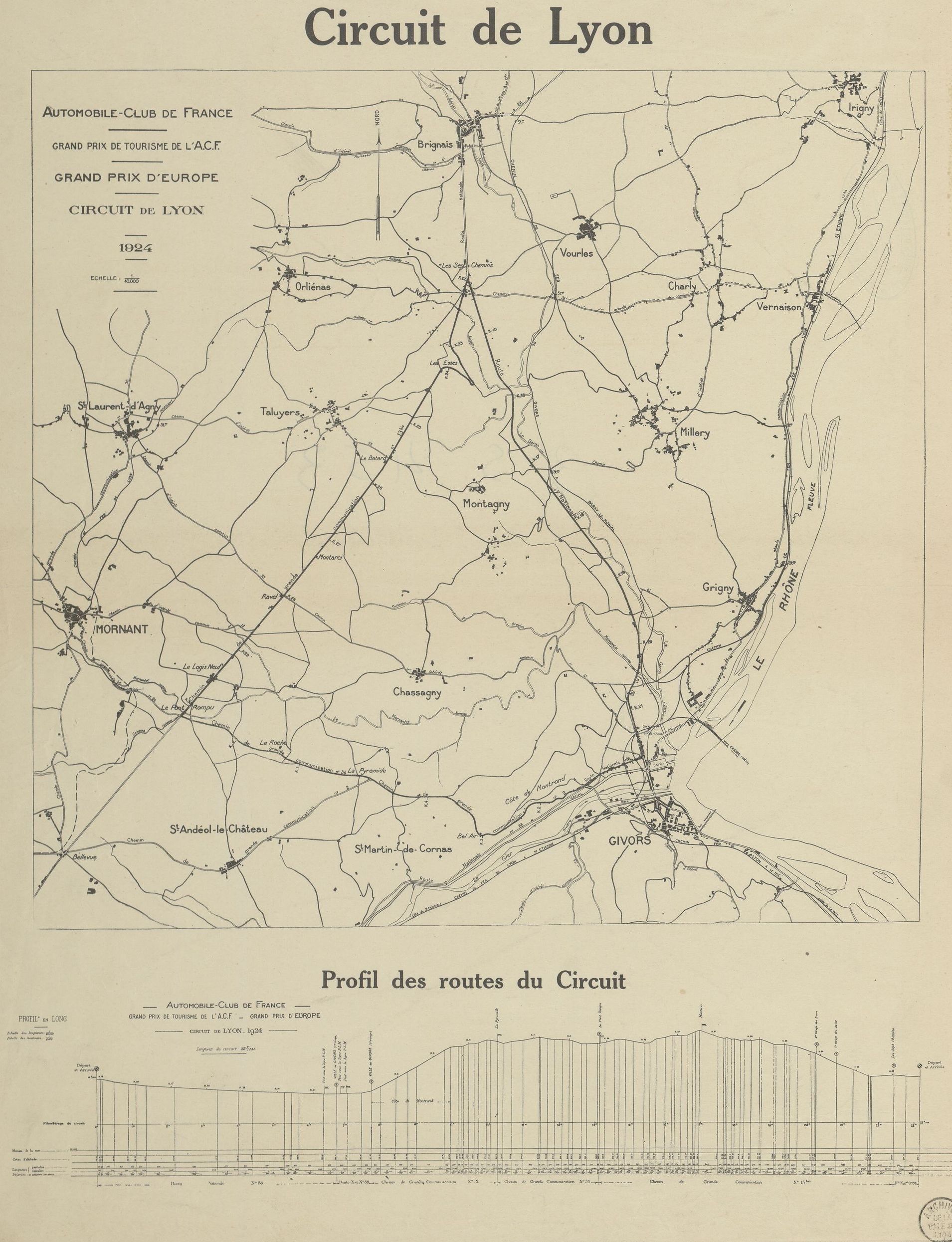 Automobile Club de France. Grand Prix de tourisme de l'A.C.F. - Grand Prix d'Europe - Circuit de Lyon, 1924. [avec le] profil des routes du circuit : plan imprimé NB (1924, cote 3S/453)