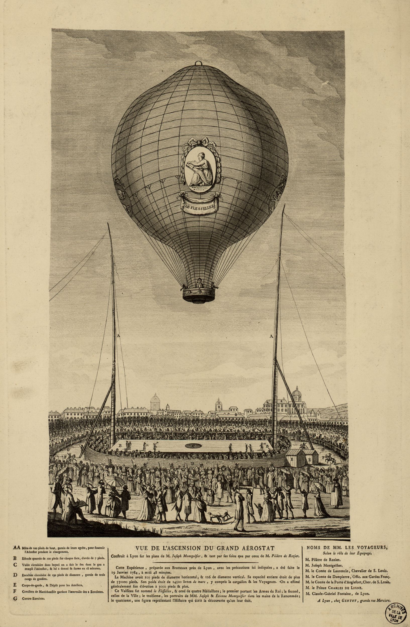 Vue de l'ascension du grand aérostat construit à Lyon sur les plans de M. Joseph Montgolfier : estampe NB (1787, cote : 16FI/87)