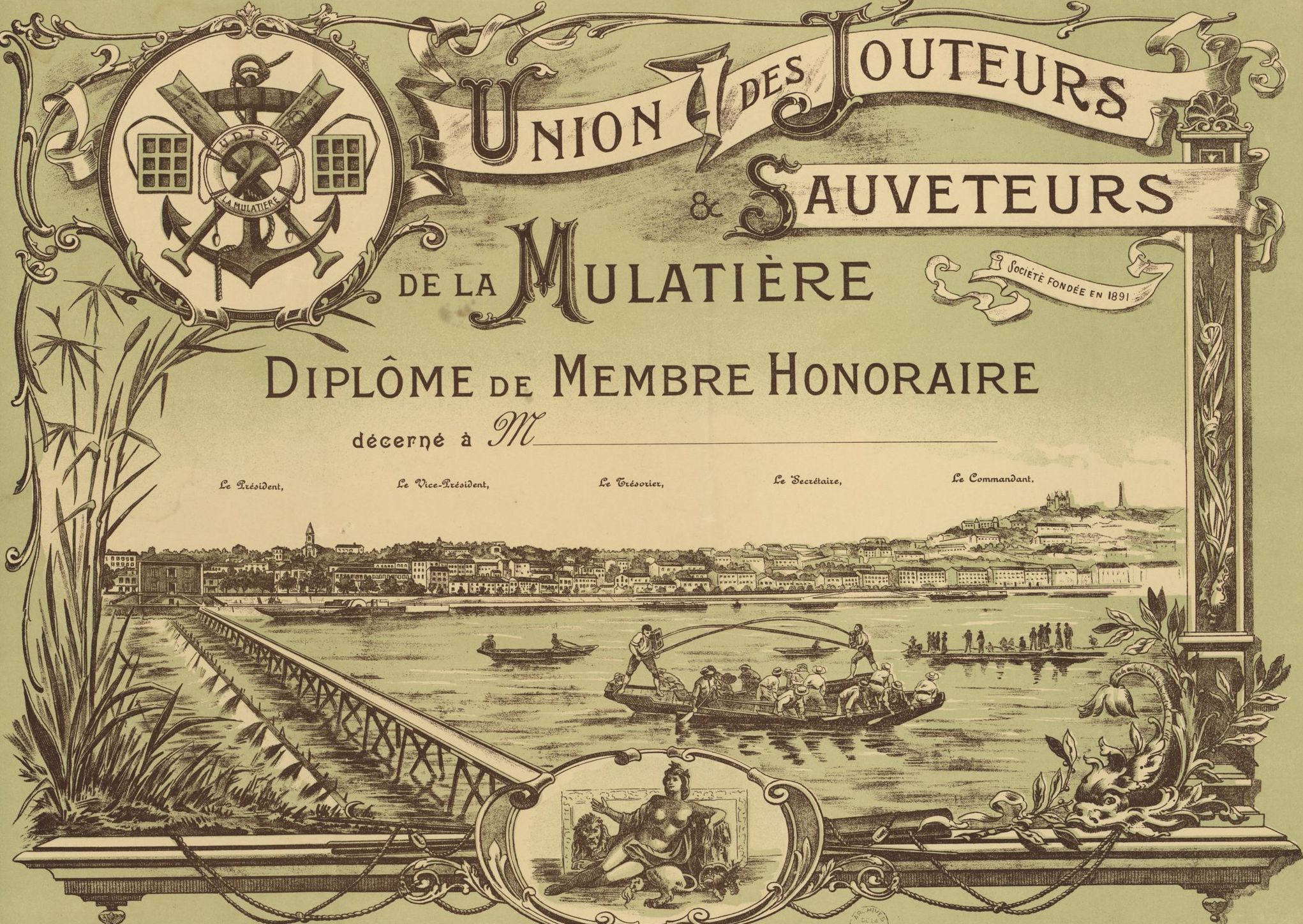 Union des jouteurs et sauveteurs de la Mulatière, diplôme de membre d'honneur (1910, cote 16FI/471)