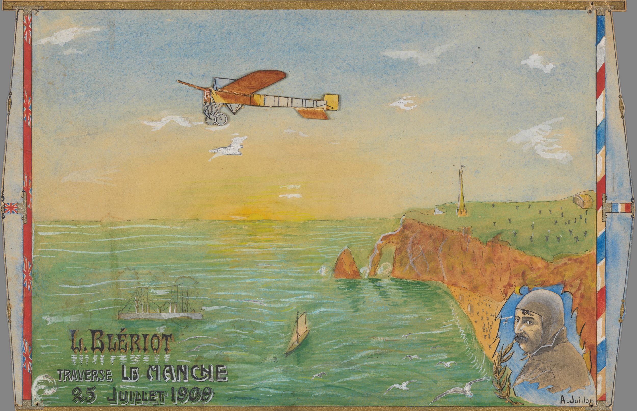 Avion de Louis Blériot traversant la Manche depuis les côtes françaises : dessin couleur, crédit A. Juillan (1909, cote 17FI/132)