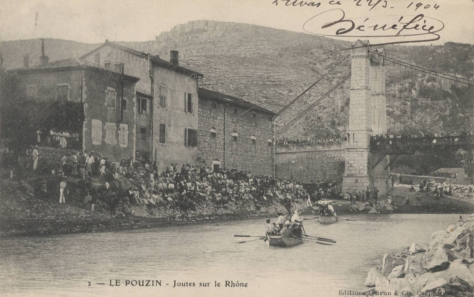 Le Pouzin - Joutes sur le Rhône : carte postale NB (vers 1904, cote 4FI_3798)