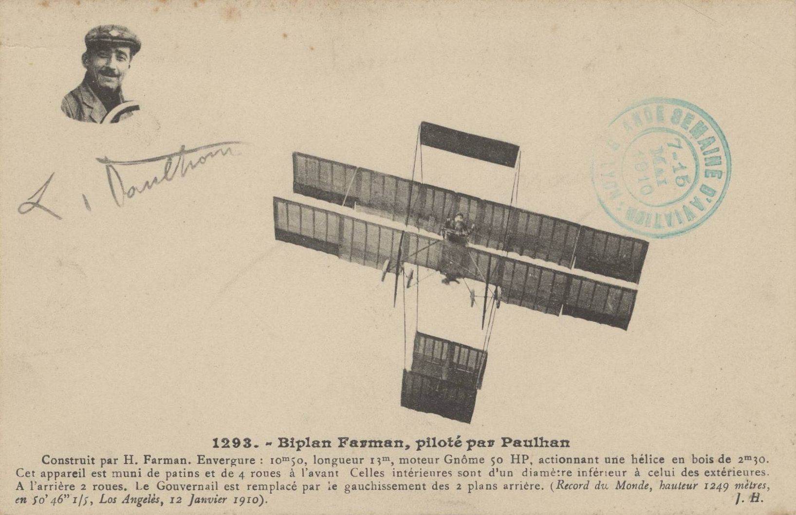 Biplan Farman, piloté par Paulhan : carte postale NB (1910, cote 4FI_4332)