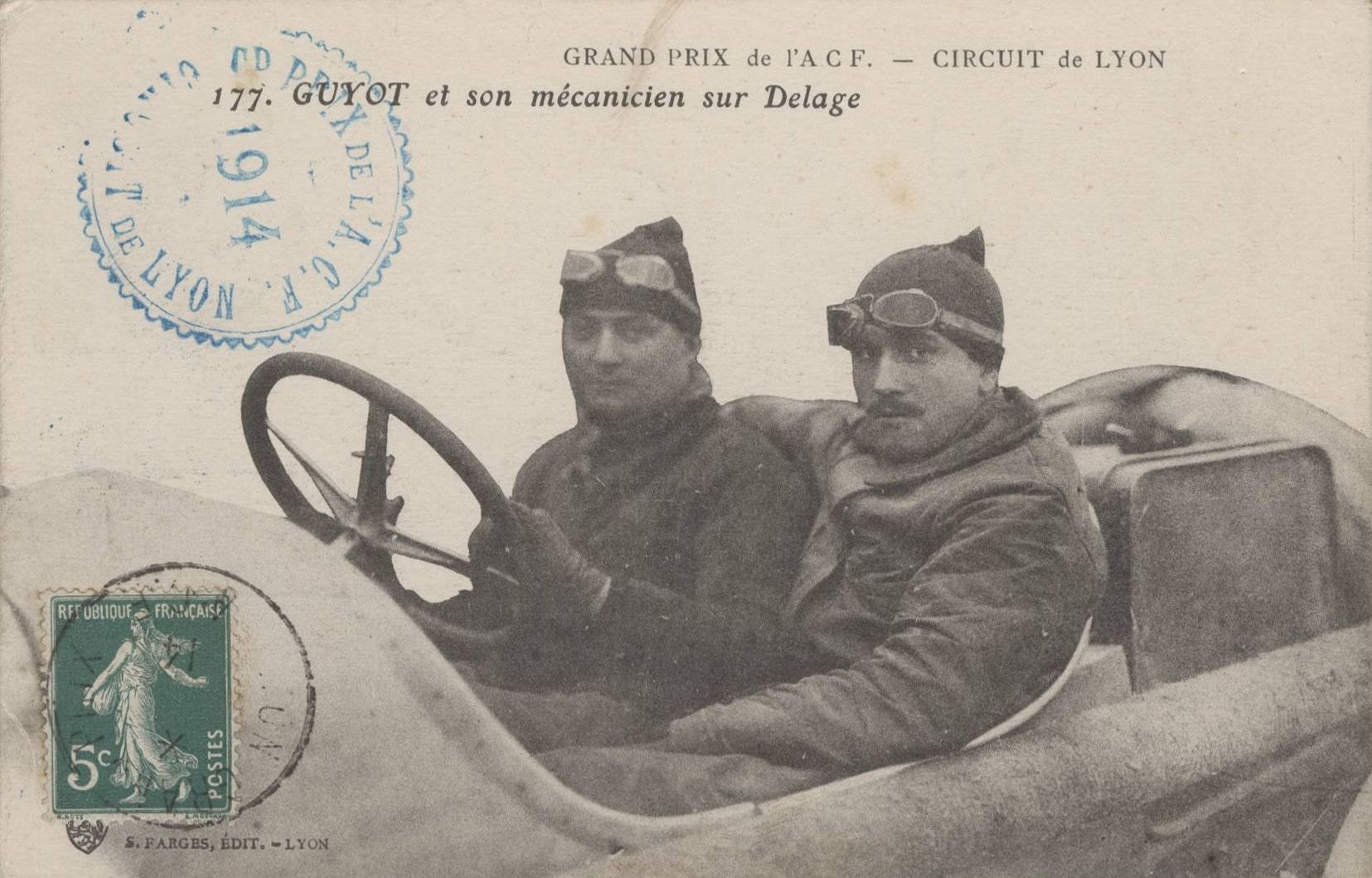 Grand prix de l'A.C.F. - Circuit de Lyon. Guyot et son mécanicien sur Delage : carte postale NB (1914, cote 4FI_4367)