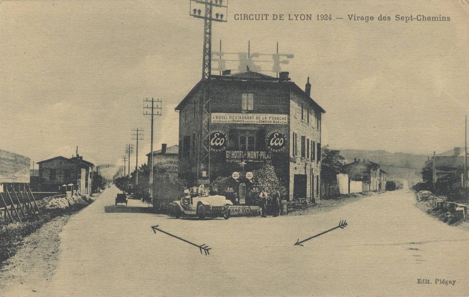 Circuit de Lyon 1924 - Virage des Sept-Chemins : carte postale NB (1924, cote 4FI_4378)