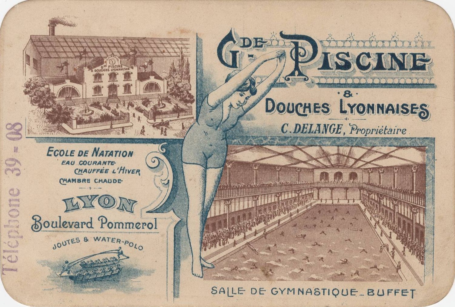 Grande piscine et douches lyonnaises - Boulevard Pommerol, Lyon : carte postale couleur (vers 1910, cote 4FI_11058)