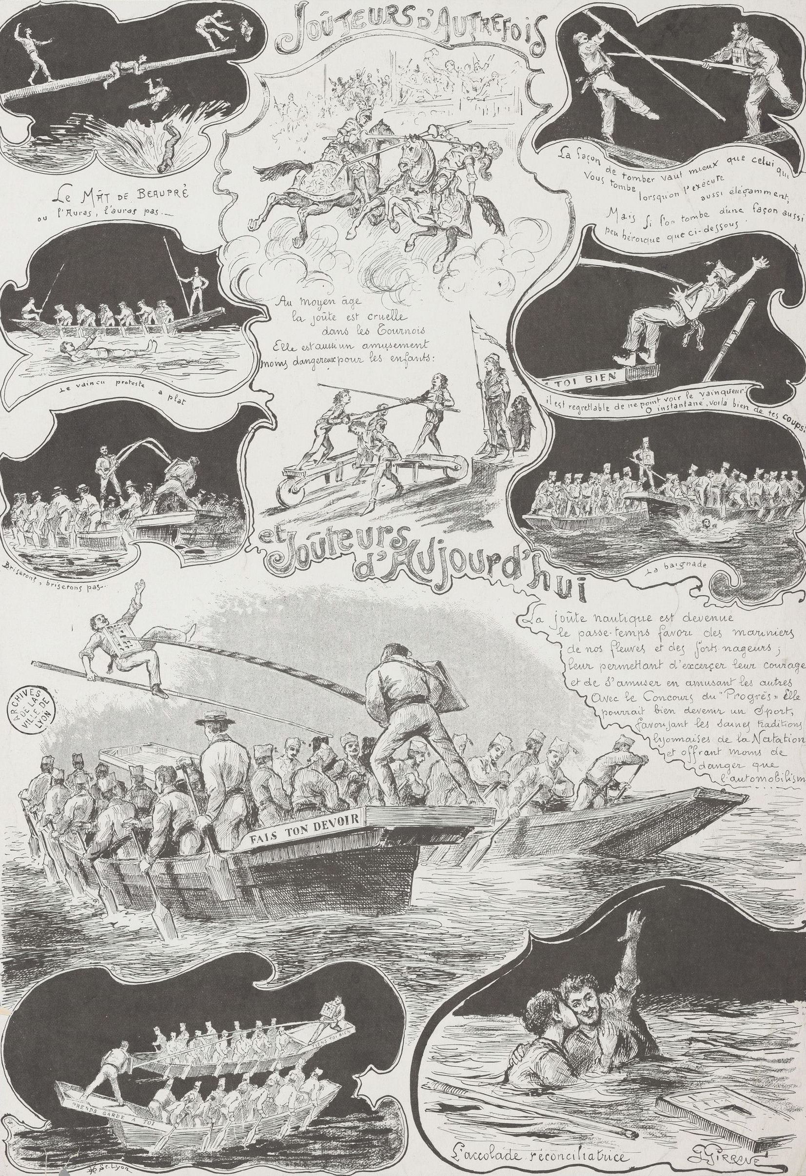 Propos des joutes nautiques du "Progrès" - joûteurs d'autrefois et joûteurs d'aujourd'hui : typogravure de Gustave Garnier paru dans Le Progrès Illustré (07/06/1903, cote : 63FI/140)