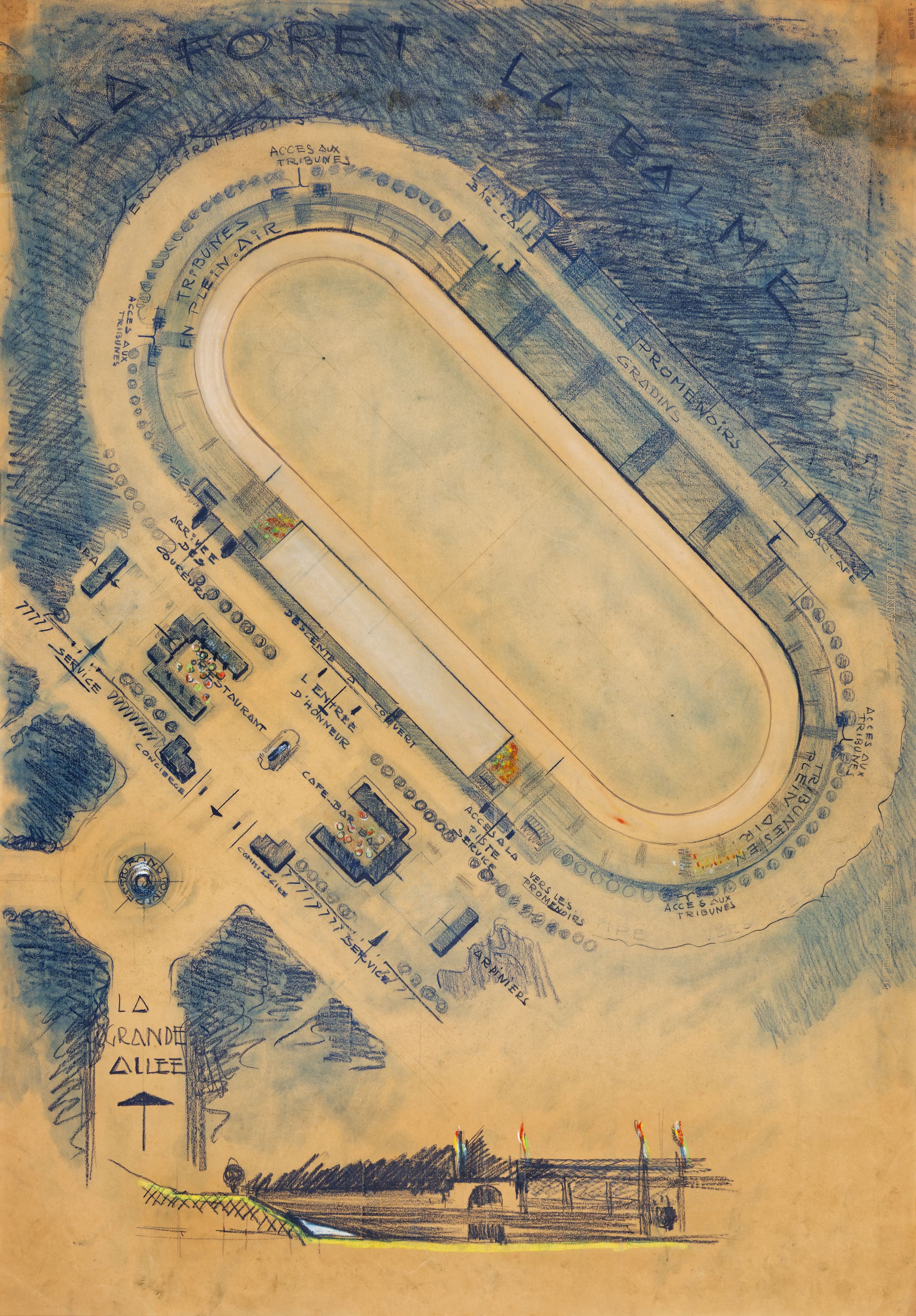 Stade d'athlétisme : dessin aquarellé de Michel Pionchon (1936, cote 68FI/51)