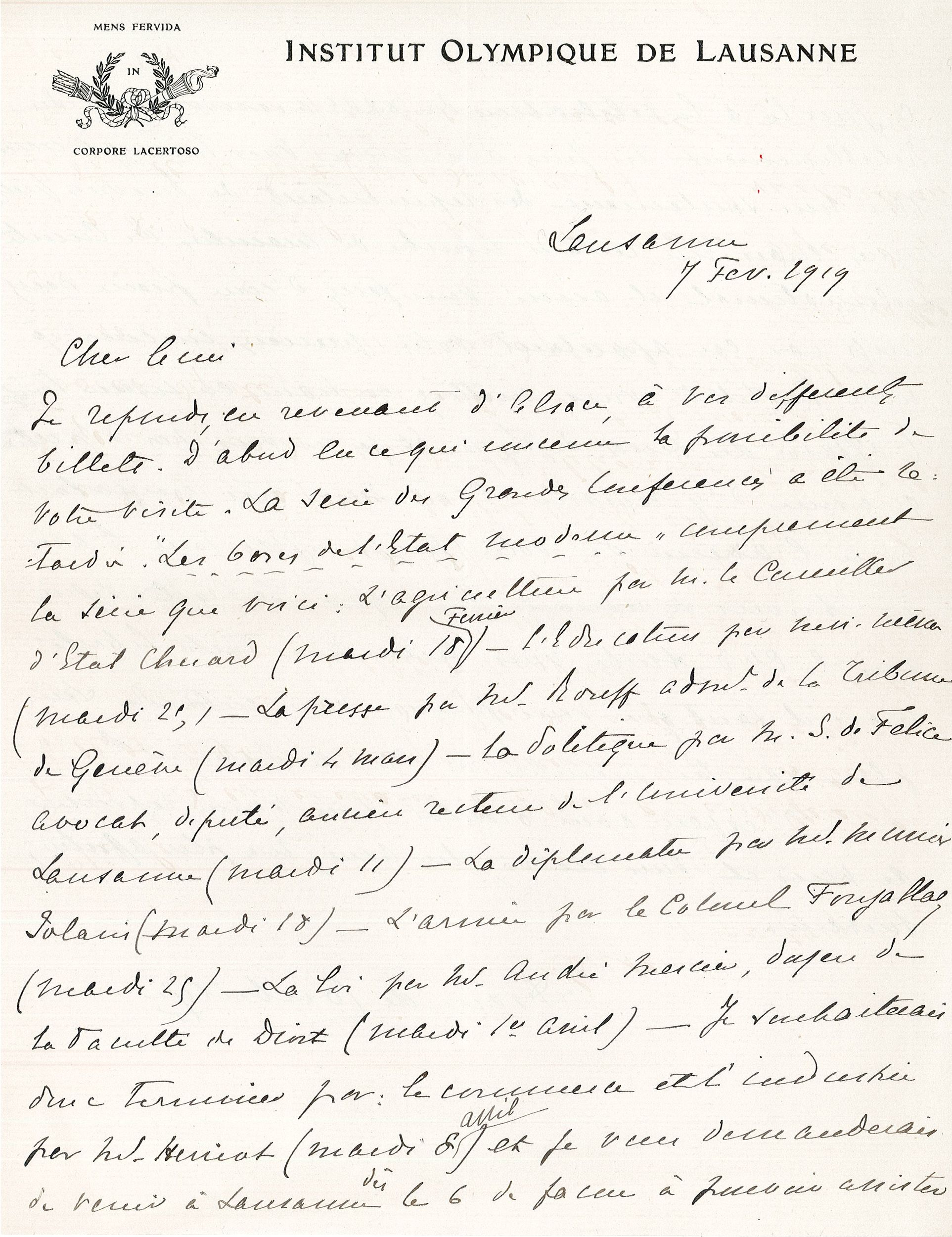 Lettre de Pierre de Coubertin à Edouard Herriot : encre manuscrite (7/02/1919, cote 646WP/11, recto)