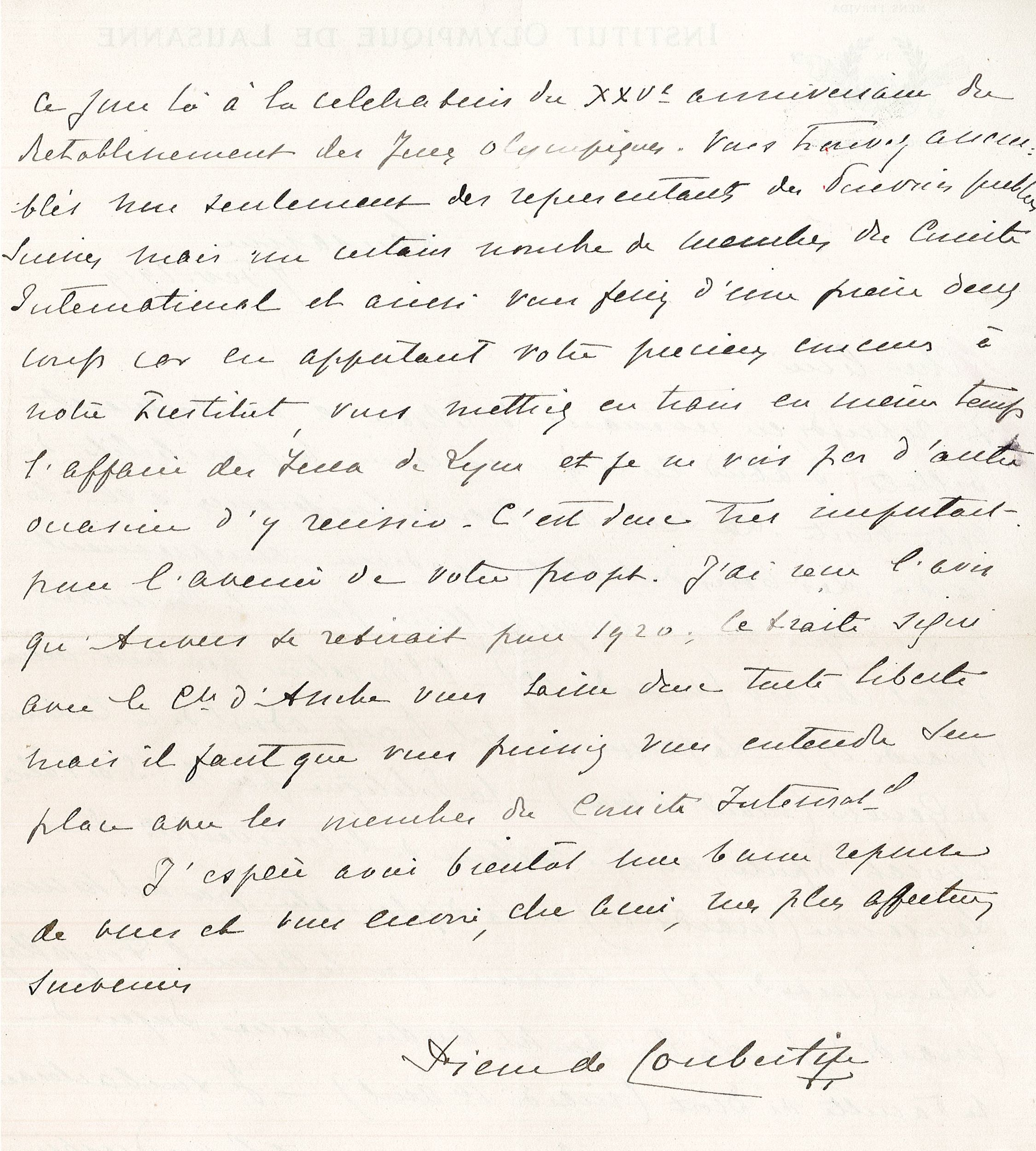 Lettre de Pierre de Coubertin à Edouard Herriot : encre manuscrite (7/02/1919, cote 646WP/11, verso)