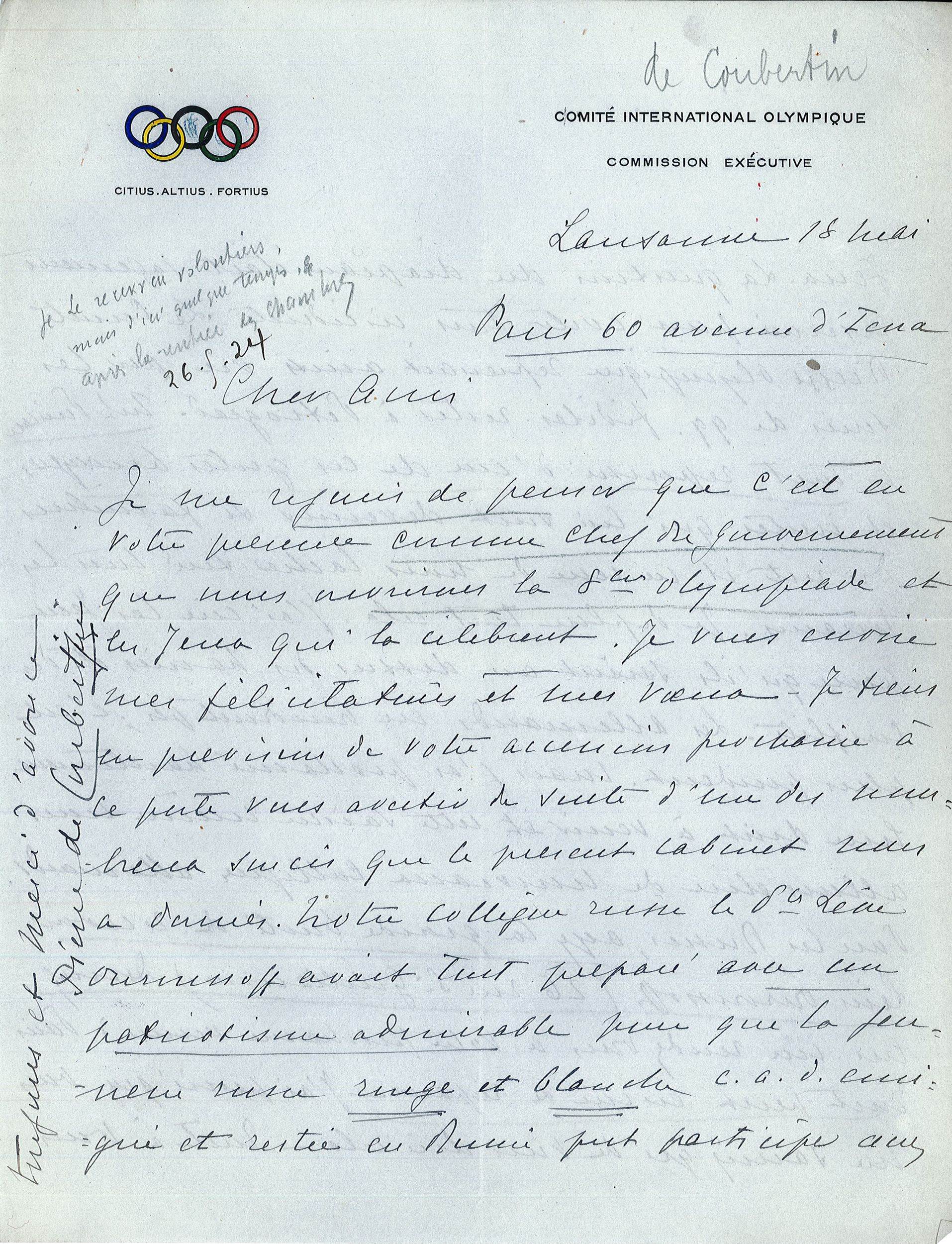 Lettre de Pierre de Coubertin à Edouard Herriot : encre manuscrite (18/05/1924, cote 646WP/11)