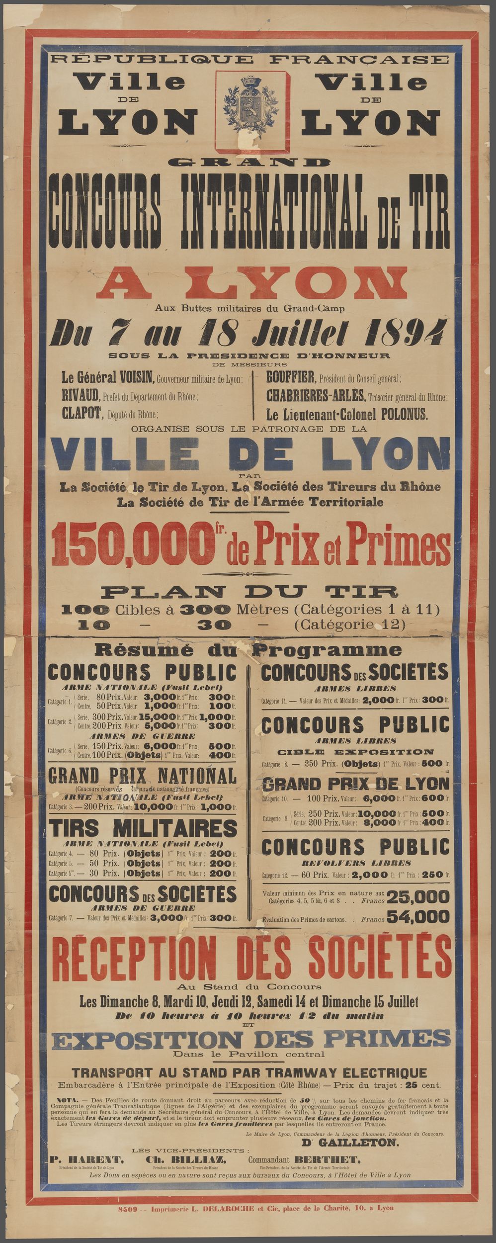 Grand concours international de tir à Lyon du 7 au 18 juillet 1894 : affiche (1894, cote 7FI/3307)