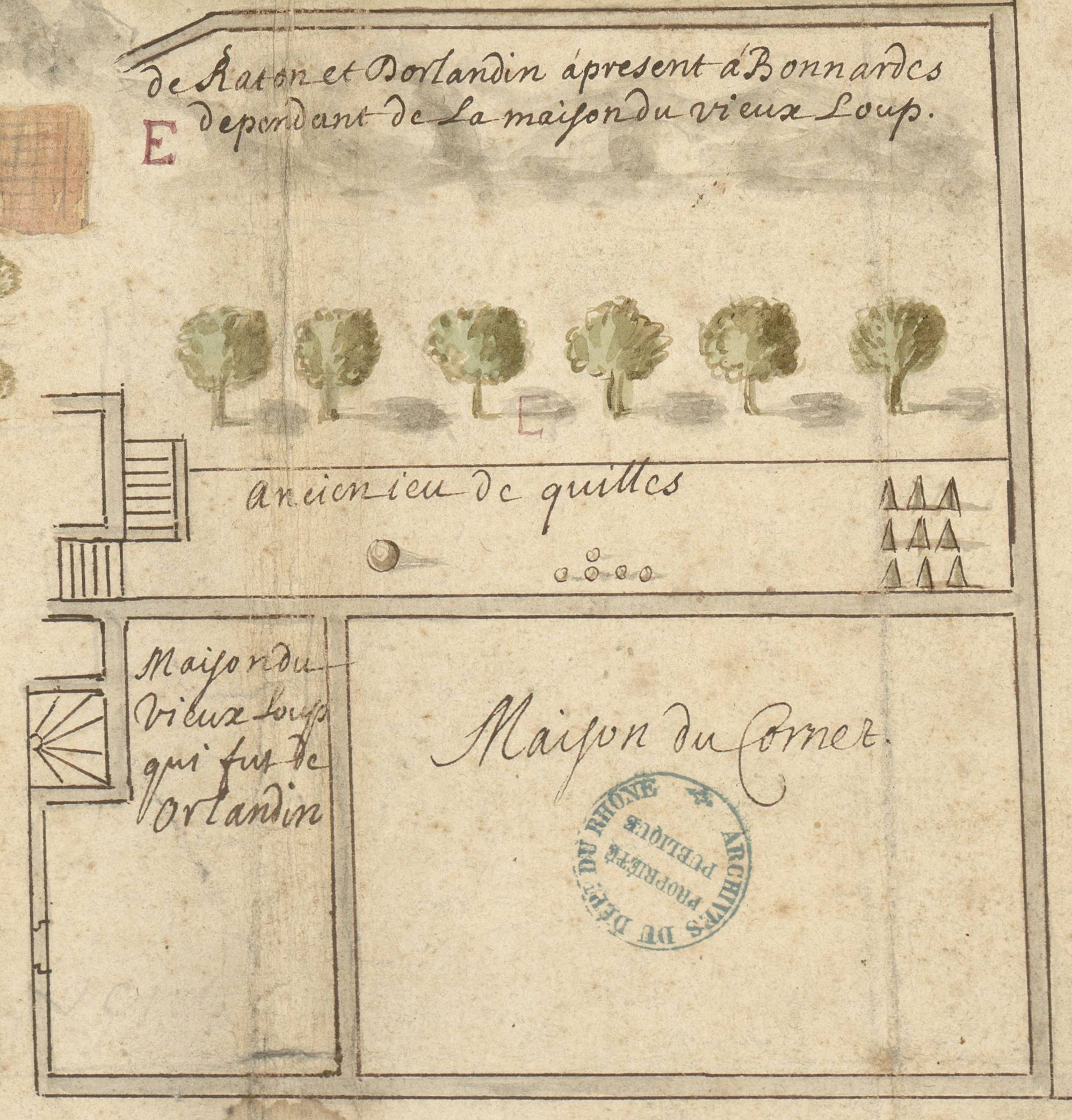 Plan de maisons et d'un jeu de quilles rue de la Vieille Monnaie : plan manuscrit couleur (06/05/1701, cote 2S/541/1, détail)