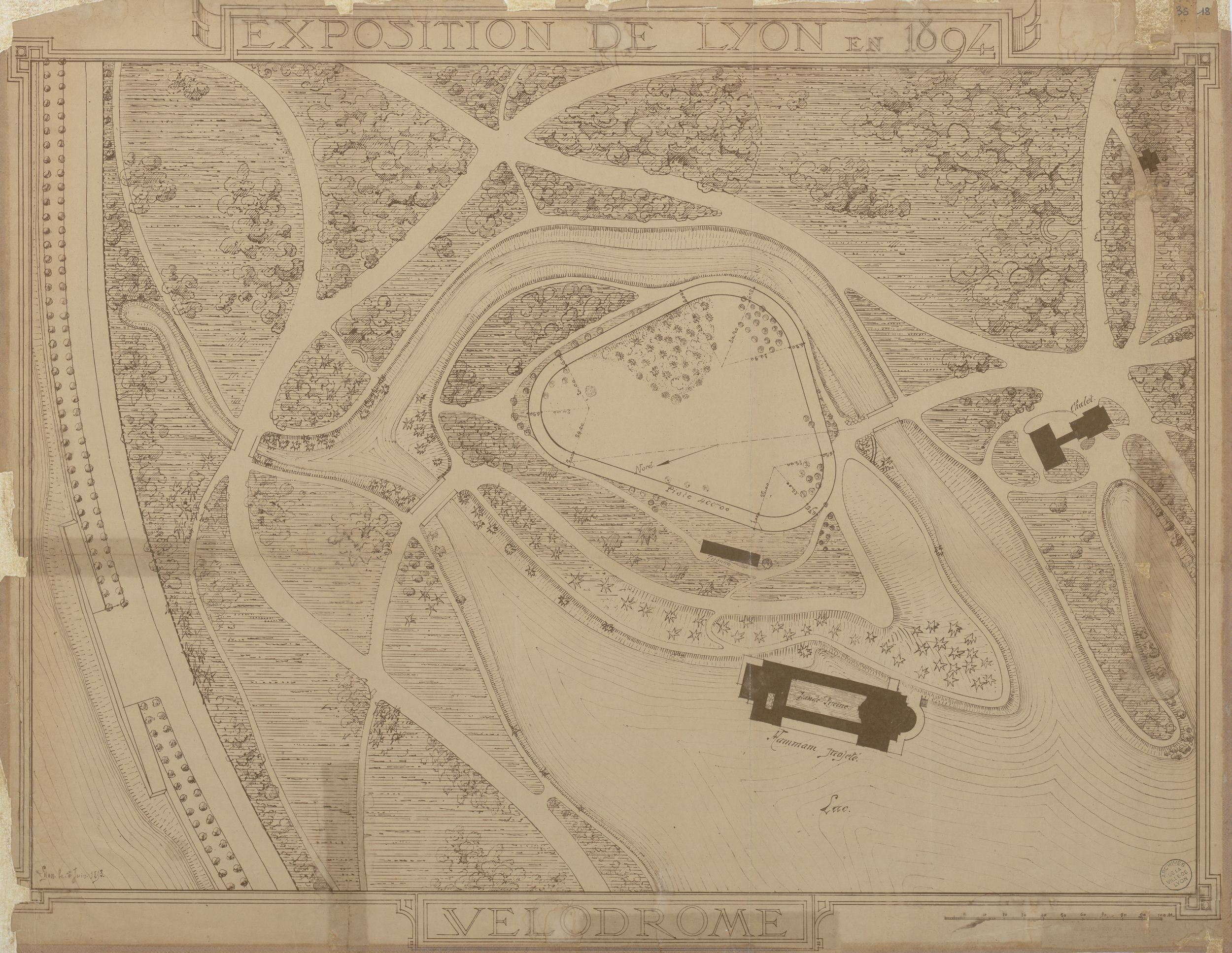 Exposition de Lyon en 1894, vélodrome avec le chalet et la grande piscine : plan imprimé (5/06/1893, cote 3S/18)