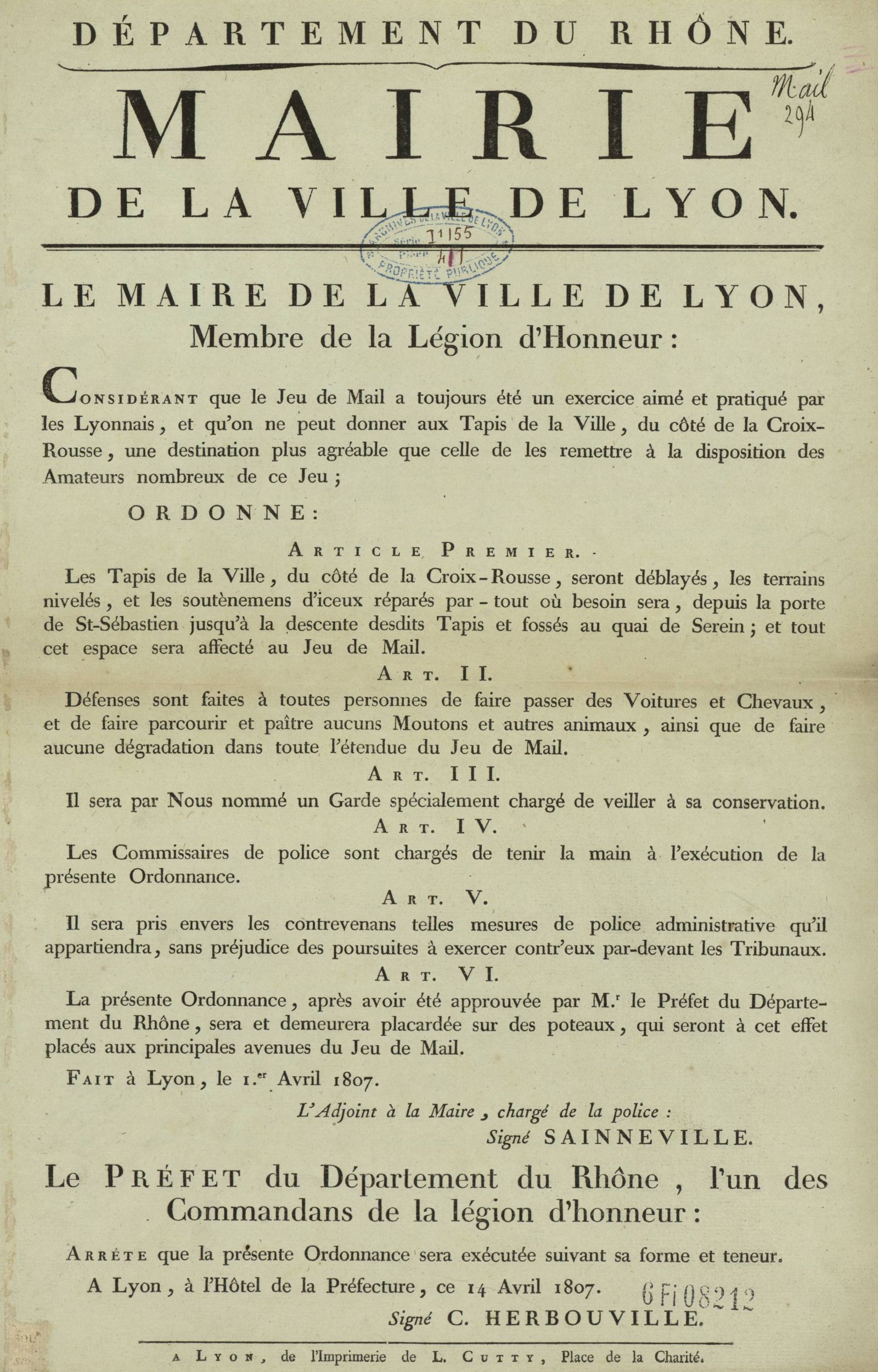 Ordonnance du maire de Lyon sur le Jeu de Mail : affiche administrative (14/04/1807, cote 6FI812)