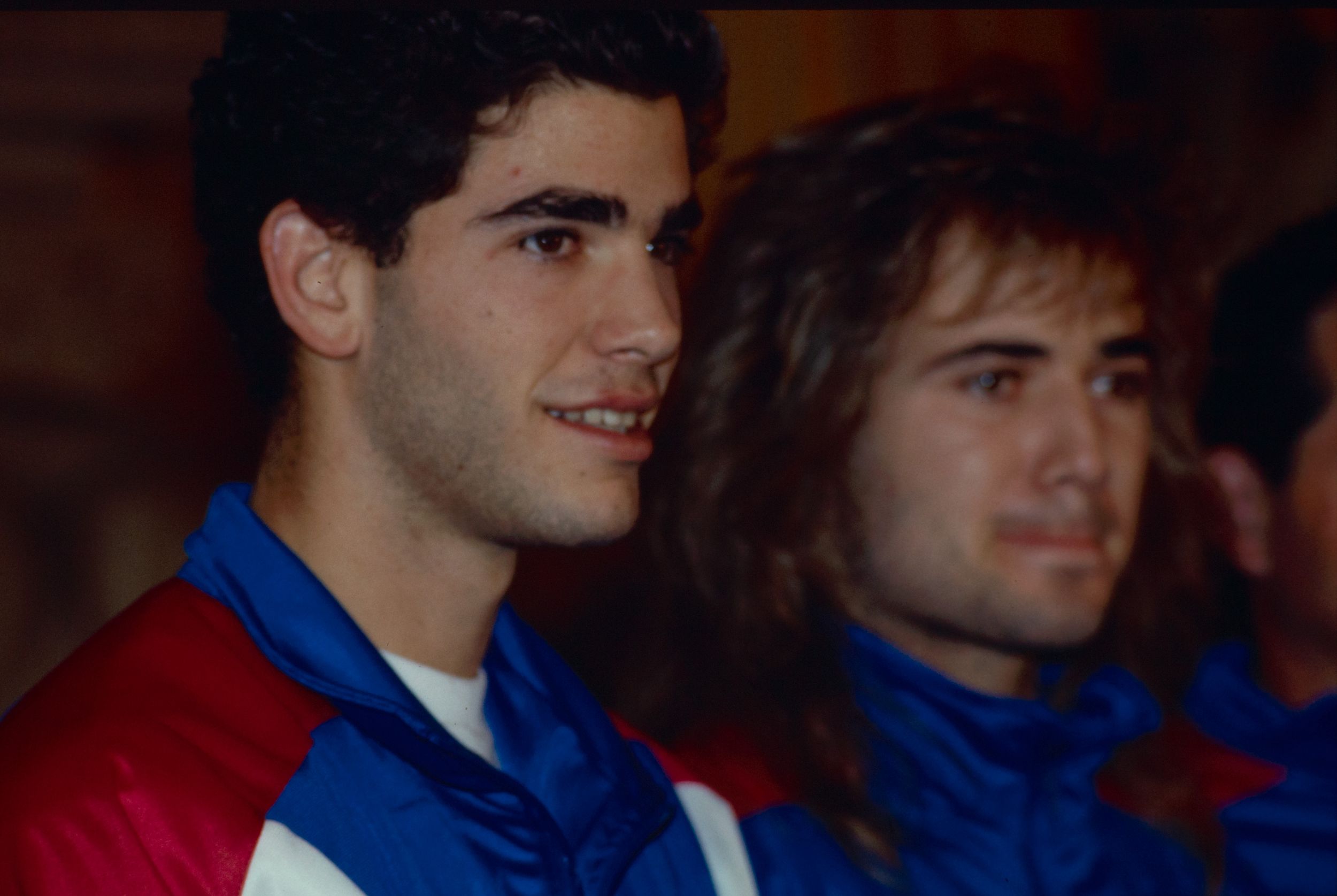 Pete Sampras et André Agassi, tirage au sort lors de la finale de la coupe Davis : diapo. couleur, crédit JM Massin (1991, cote 1508W/60)