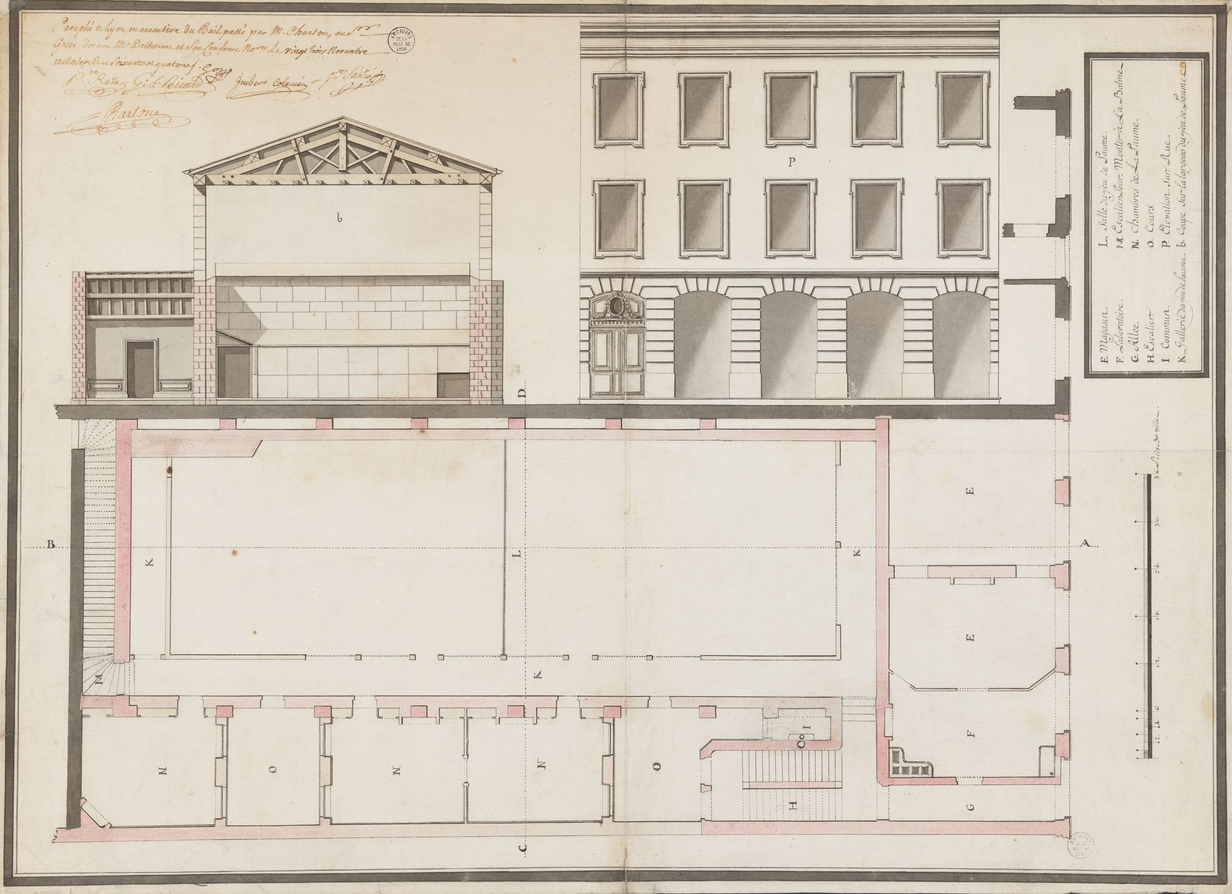 Jeu de paume du quartier Saint-Clair construit pour Jean Chartron : dessin aquarellé (1774, cote 17FI/146)