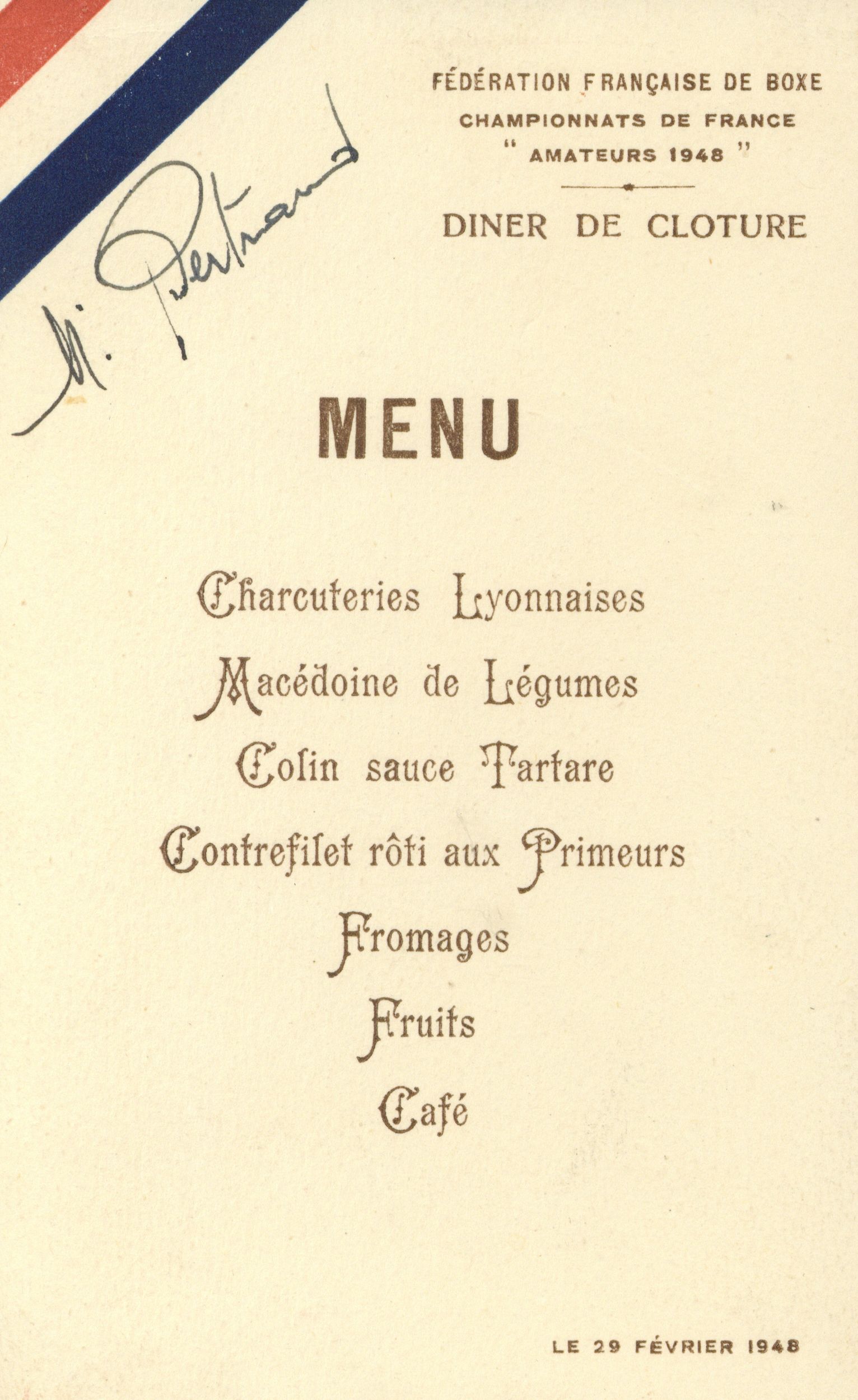 Fédération française de boxe, FFB - Menu du dîner de clôture du championnat amateur, 29 février 1948, recto : menu (1948, cote 362II/7)