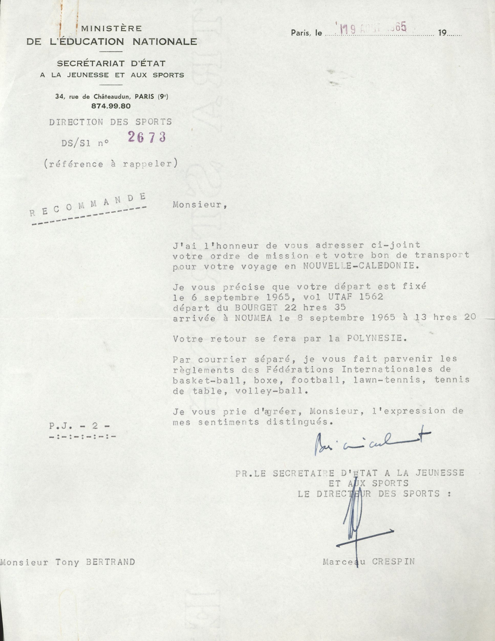 Bordereau d'envoi de l'ordre de mission à Tony Bertrand en vue des IIe Jeux du Pacifique Sud à Nouméa : courrier (1965, cote 362II/12)