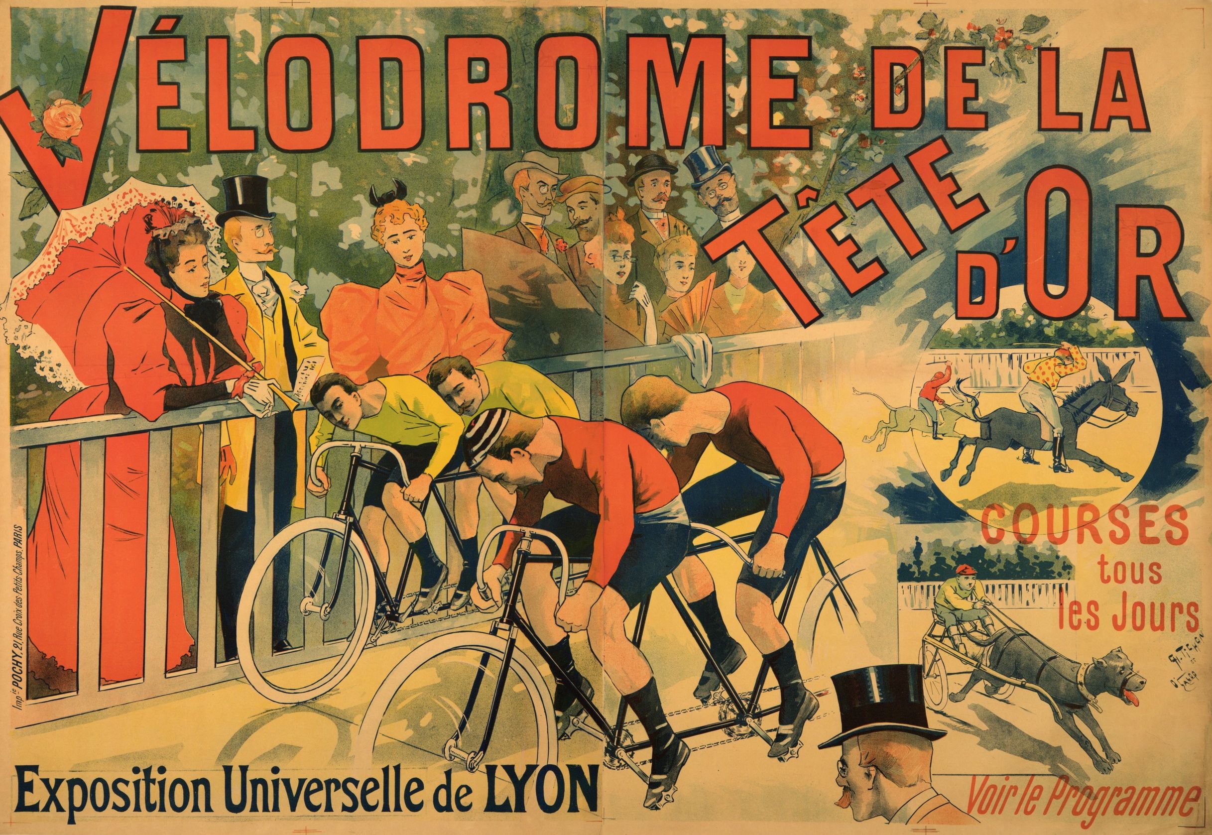 Courses au vélodrome du parc de la Tête d'Or lors de l'exposition universelle [de 1914] à Lyon : affiche publicitaire illustrée par Charles Tichon (1914, cote 7FI/3434)