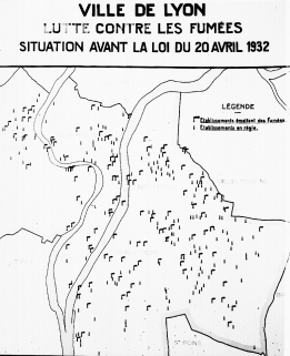 Prévention de la pollution sur le territoire de la ville de Lyon : règlementation de l'émission de fumées industrielles, de suies, de cendres et de poussières : situation avant la loi du 20 avril 1932 ; Plan, vers 1935, photographie du service de la voirie de Lyon Archives municipales de Lyon, 15PH/1/229