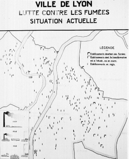 Prévention de la pollution sur le territoire de la ville de Lyon : règlementation de l'émission de fumées industrielles, de suies, de cendres et de poussières : situation en 1935 ; Plan, 1935, photographie du service de la voirie de Lyon Archives municipales de Lyon, 15PH/1/230