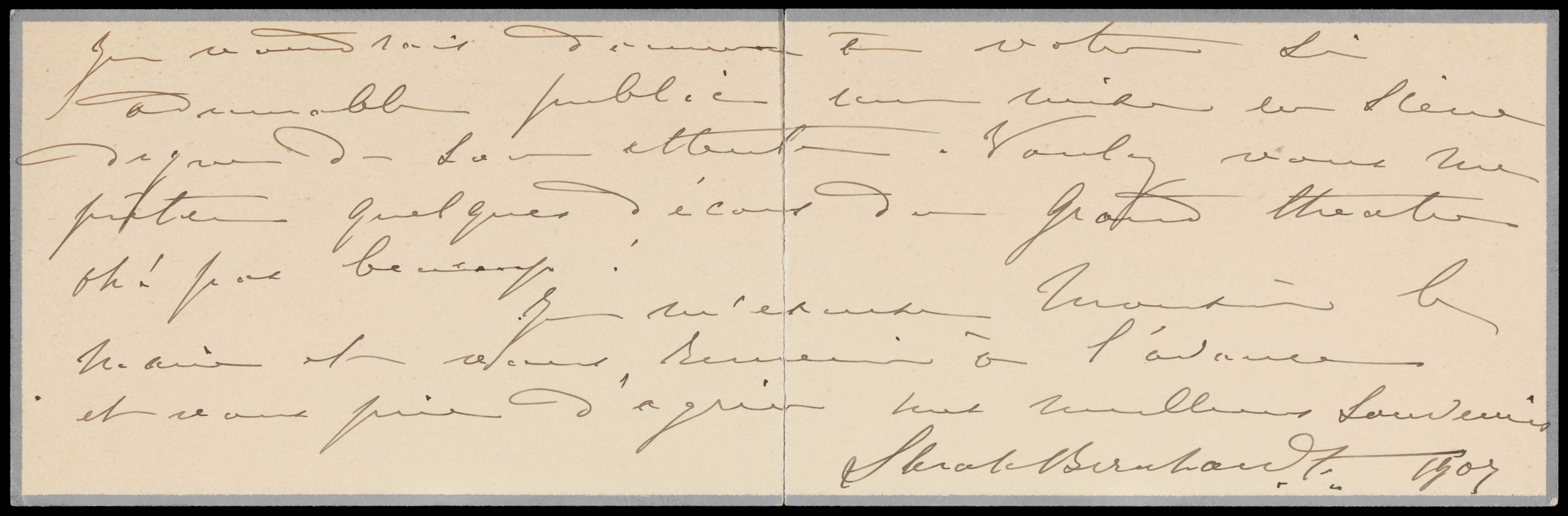 Extrait d'une lettre manuscrite de Sarah Bernhardt avec sa signature (1907, cote 1II/564/4)