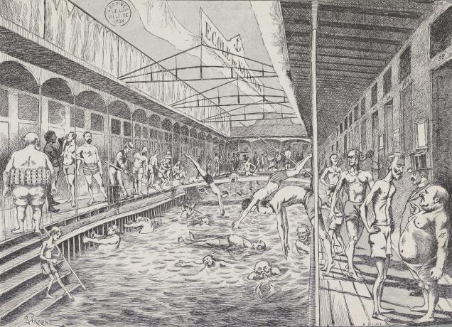 Les bateaux-piscines ou bèches en bord de Rhône, par Gustave Garnier dit Girrane : typogravure (12/06/1892, cote 63FI/23)