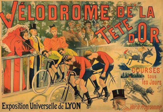 Courses au vélodrome du parc de la Tête d'Or lors de l'exposition universelle [de 1914] à Lyon, affiche publicitaire illustrée par Charles Tichon (1914, cote 7FI/3434)