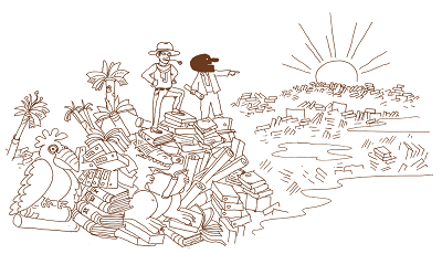 Dessin de deux aventuriers sur une pile de documents